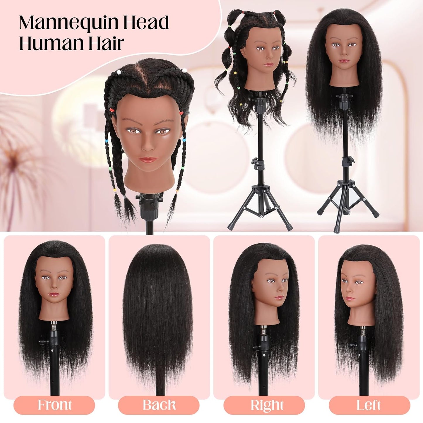 Mannequin Head - 100% Real Human Hair 16” Cosmetology Doll Head for Hair Styling & Braiding | Black