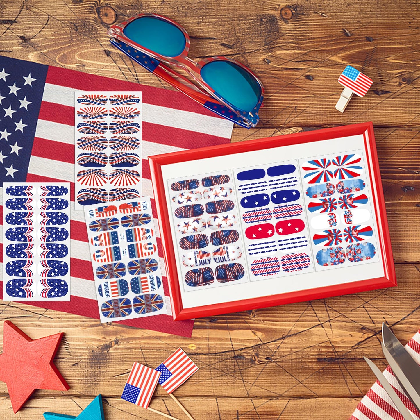 DANNEASY 12 Sheets 4th of July Full Nail Wraps Independence Day Nail Polish Stickers Self-Adhesive Nail Polish Strips Gel Fingernail Stickers for Women with Nail File, Cuticle Stick