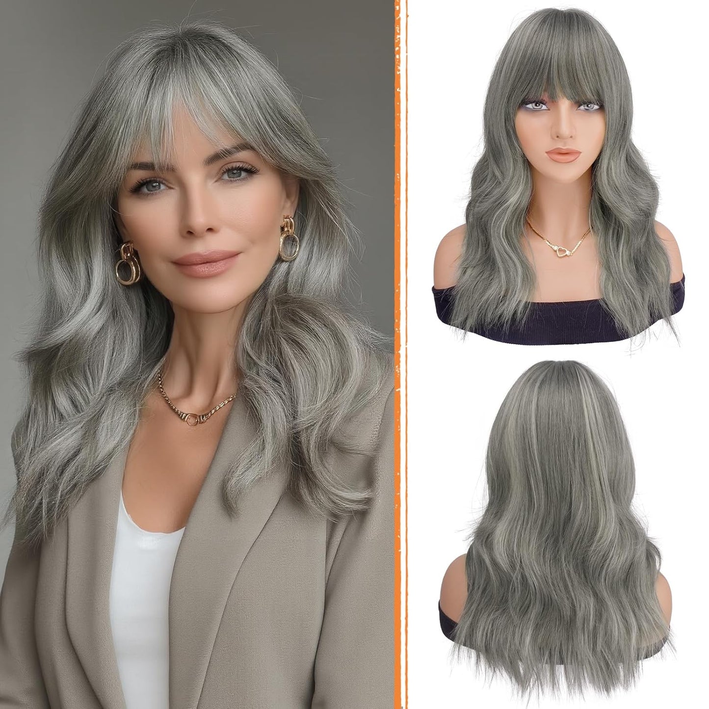 Brown Wigs with Bangs - 19 Inch Natural Wavy Synthetic Heat Resistant Hair for Women | Blonde Mixed Brown