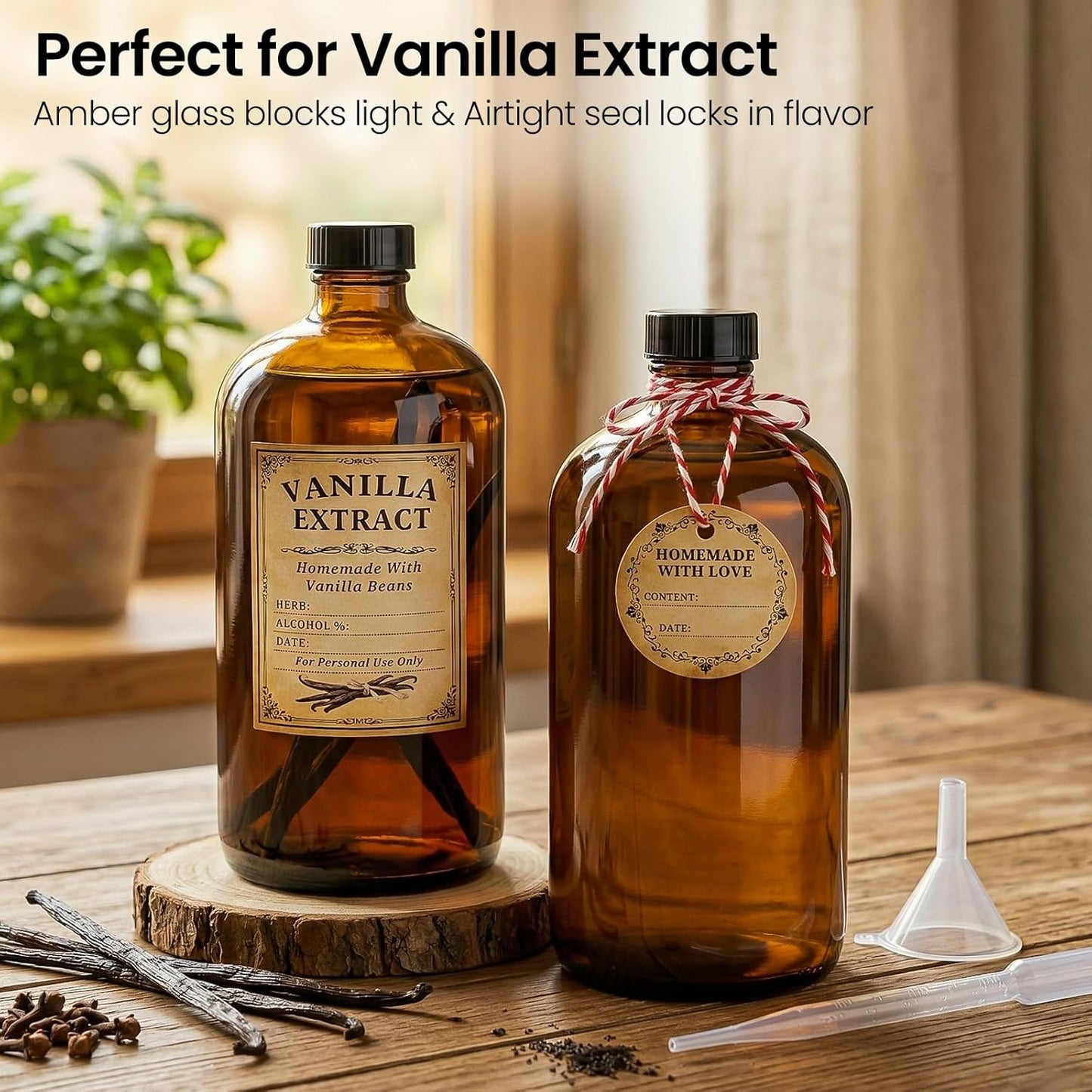 Amber Glass Boston Round Bottles - 32 oz | 4 Pack Leakproof Storage for Kombucha, Extracts & Oils