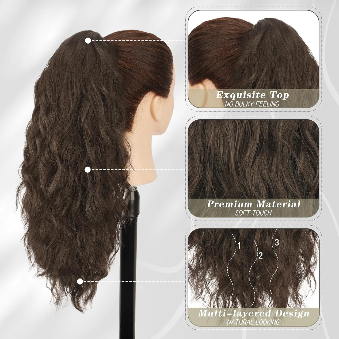 Brown Ponytail Extension - 18 Inch Claw Clip Curly Wavy Hairpiece | Daily Party Use