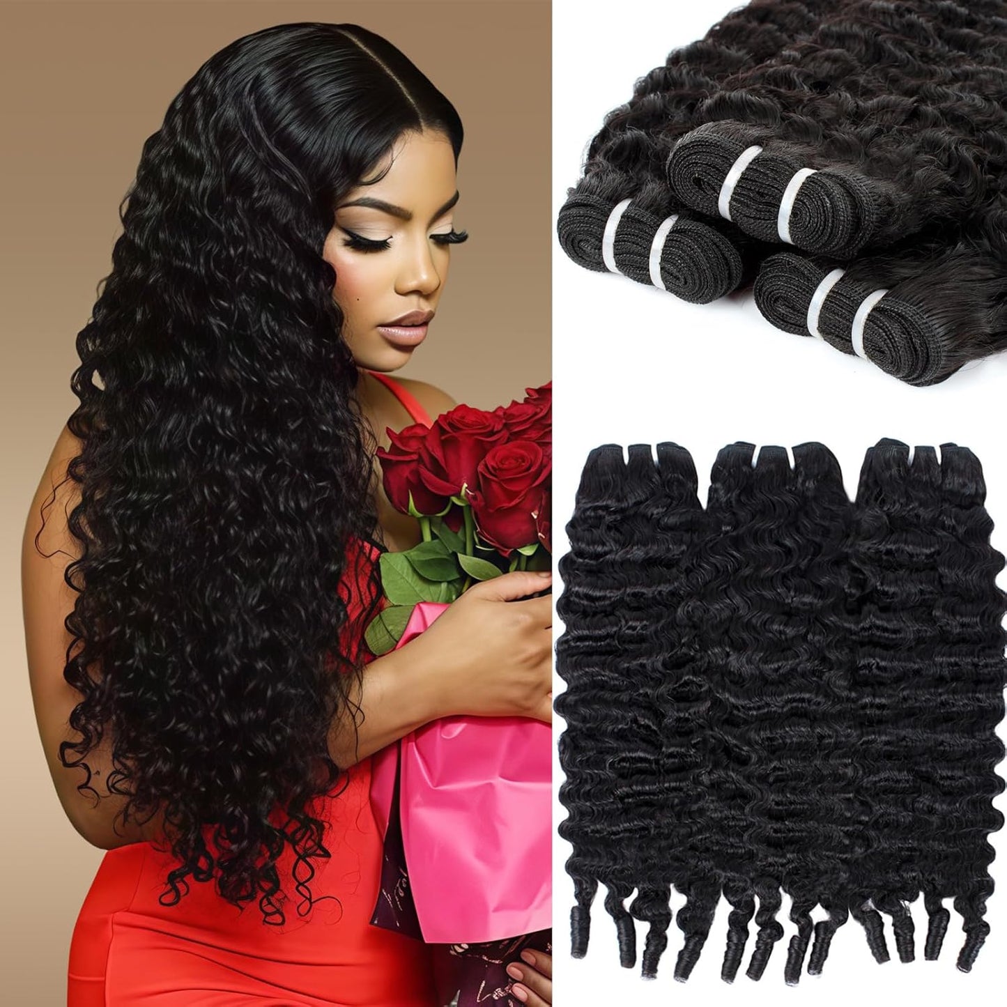 Burmese Curly Hair Bundles - 12A Water Wave 3 Bundle Set | 18-20-22 Inch Natural Black Human Hair Extensions