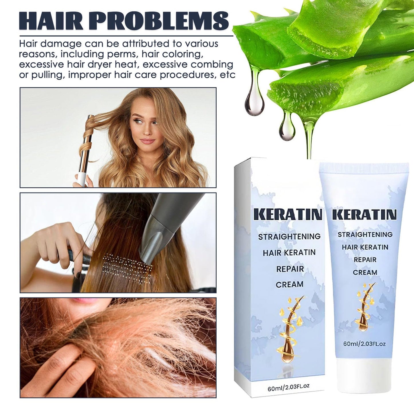 2PCS Keratin Hair Straightening Cream, Protein Hair Straightener Cream for Long-Lasting Smooths Frizz Used with Hair Straightener, Hydrating Hair Mask for Wavy, Curly, Damaged and Dry Hair 2.03OZ *2