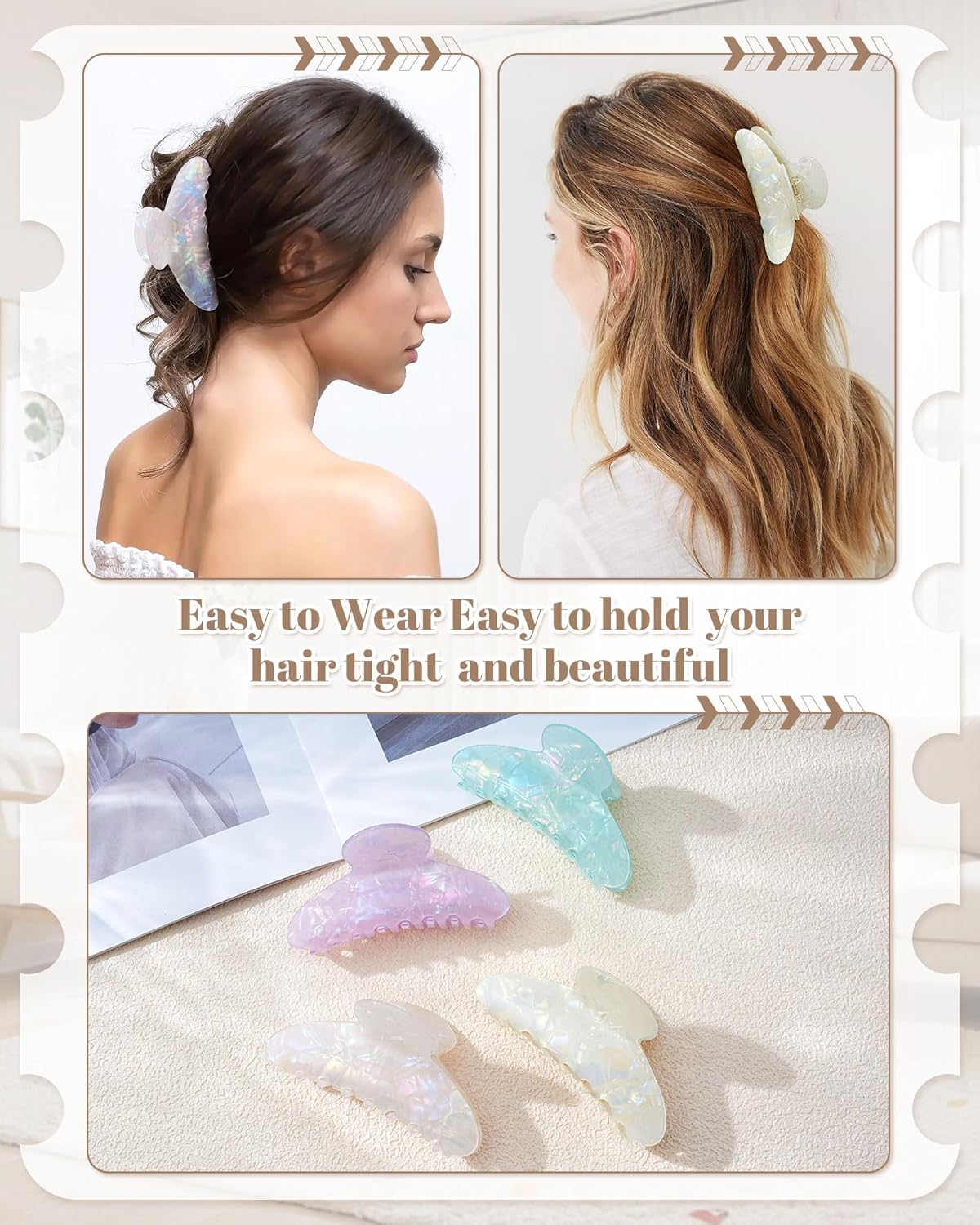 Acrylic Hair Clips - 4 Pack Nonslip Large Hair Grips for Thin & Thick Hair | French Banana Barrettes (Pink, White, Green, Champagne)