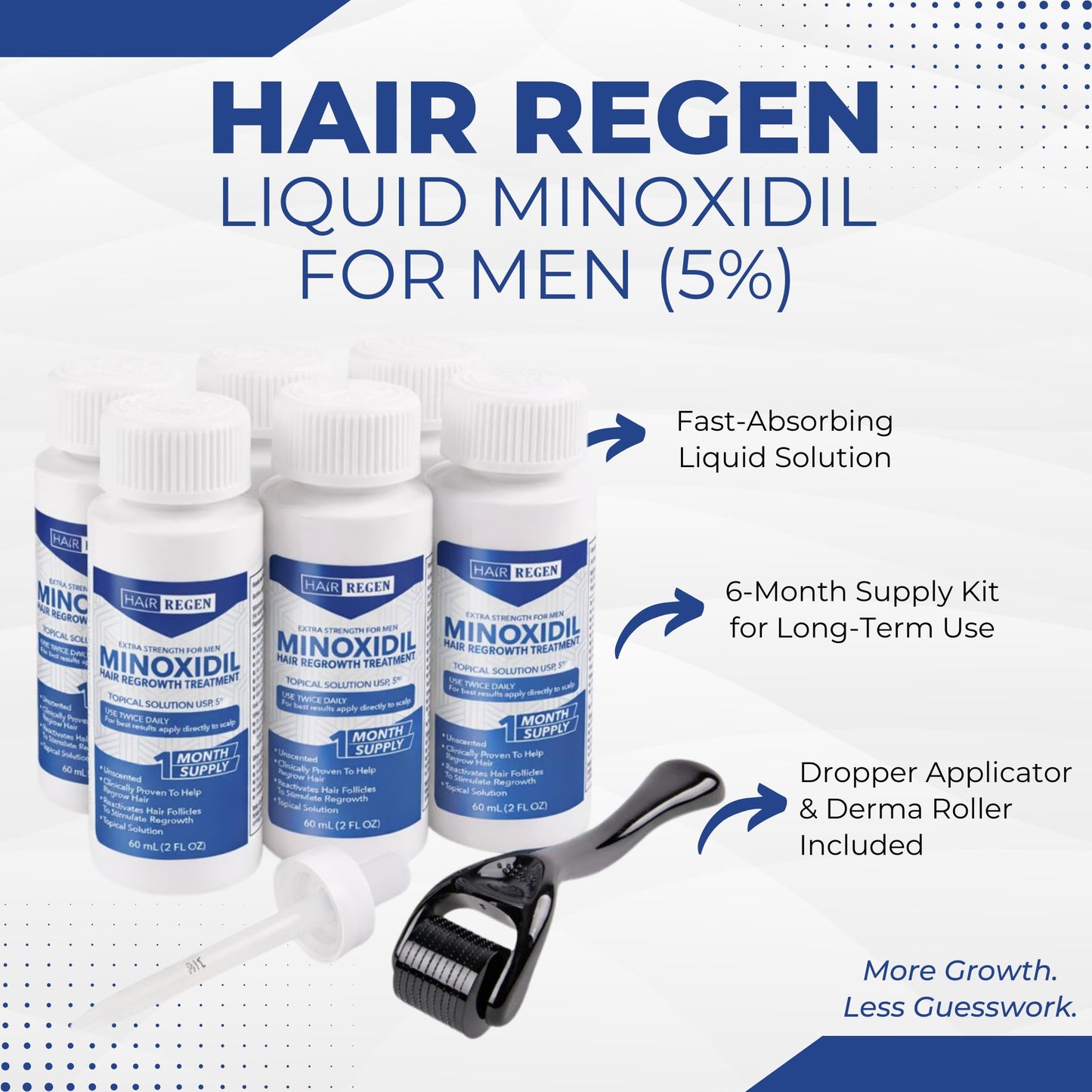 Hair Regen Liquid Minoxidil Men 5% With Hair Derma Roller for Scalp - Advanced Topical Solution for Regrowth - Men's Minoxidil for Growth of Men Hairs Loss 6 Pack as 6 Months Supply Kit
