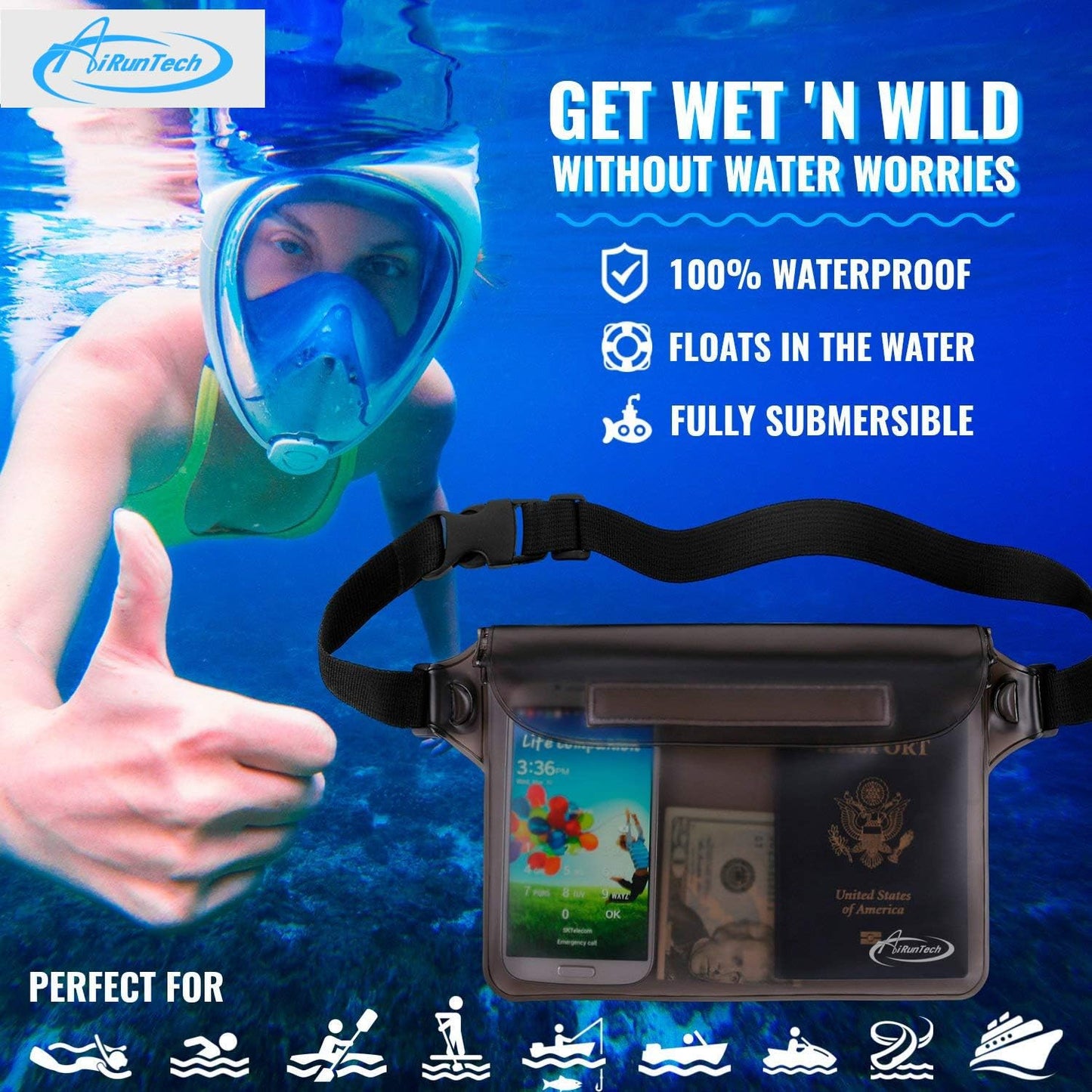 AiRunTech Waterproof Fanny Pack - Dry Bag for Phone, Passport & Wallet | Ideal for Travel, Beach & Kayaking