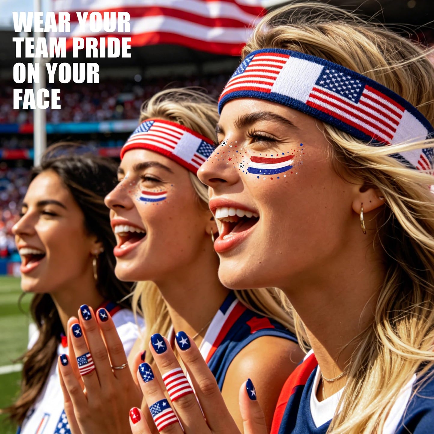 VXZ Red White Blue USA Soccer Fan Freckles Face Tattoo - Tricolor Brushstroke Temporary Tattoos | Waterproof Sports Sparkle Stickers for Football Matches & Game Day Celebrations (8 Sheets)