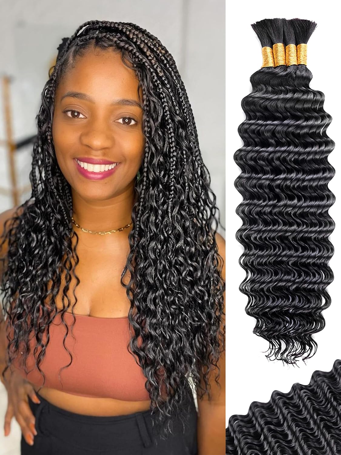 Human Braiding Hair - 18 Inch Deep Wave Bulk Extensions | 4 Bundles, No Weft, 10A Quality