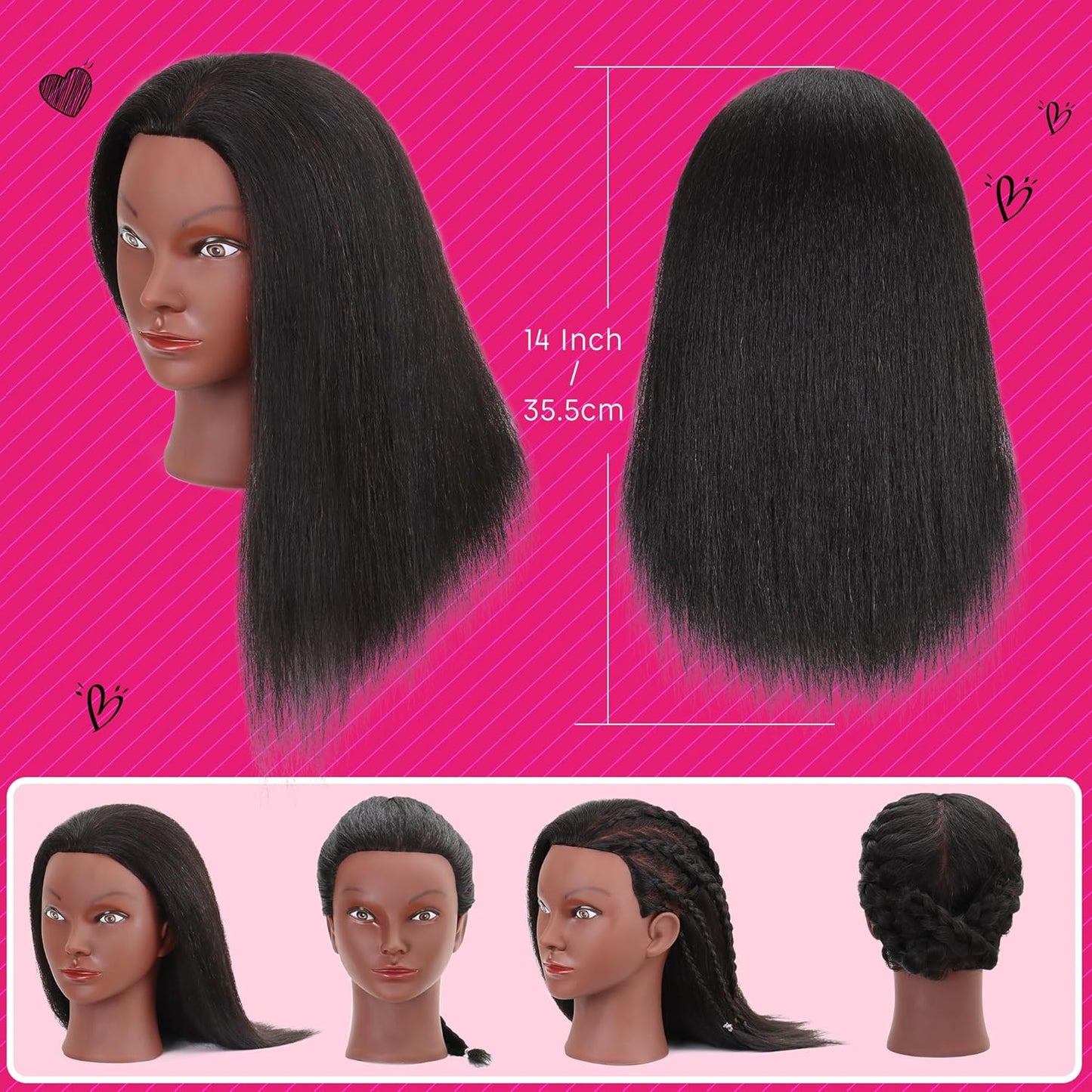 Mannequin Head with Human Hair - 14" Cosmetology Manikin for Hair Styling & Braiding Practice | Includes Clamp Holder