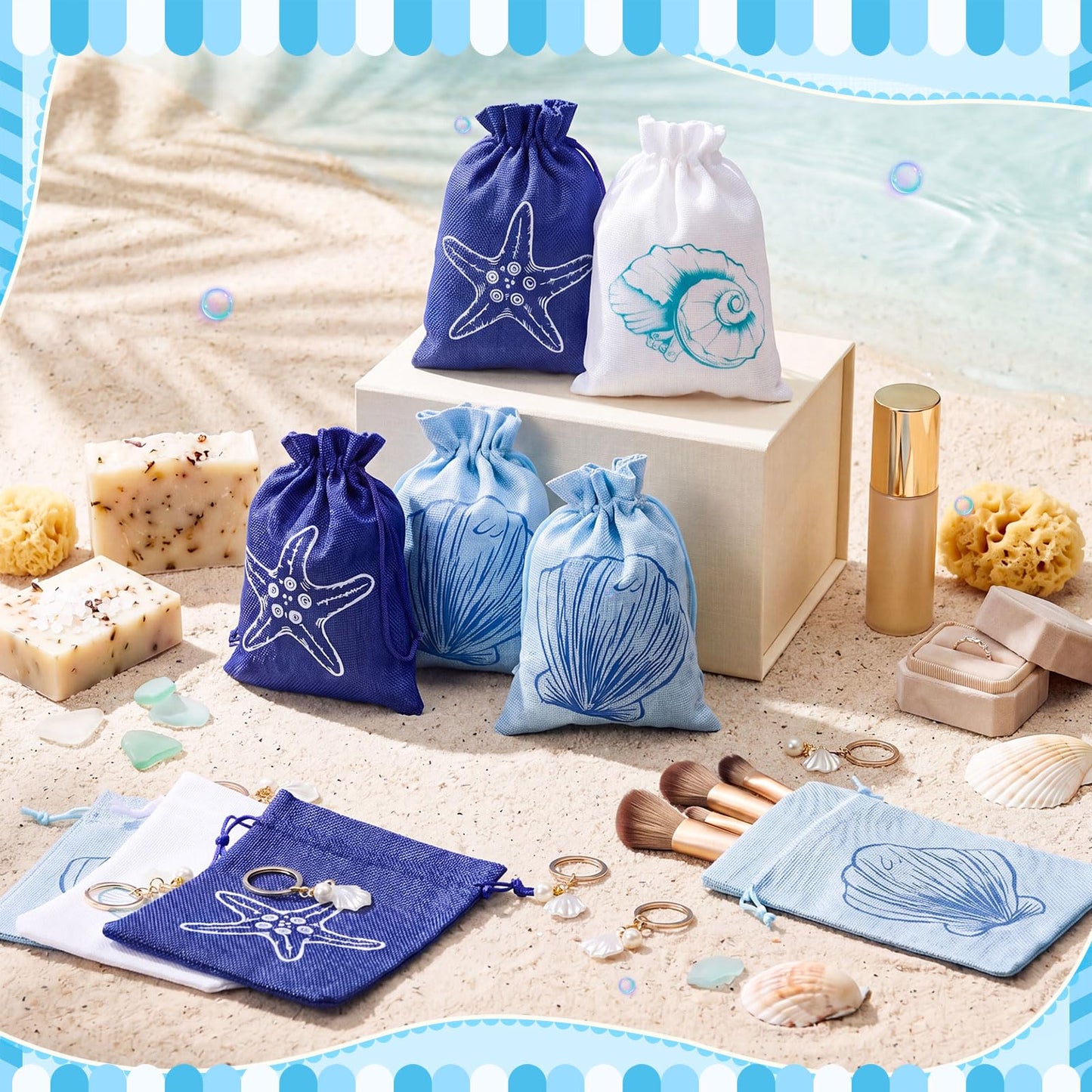 Equsion 48 Sets Beach Party Favors Ocean Seashell Keychain & Starfish Scallop Conch Burlap Bags Bachelorette Party Decor Last Toast on The Coast Nautical Bridal Shower Wedding Holiday Guest Gift Bulk