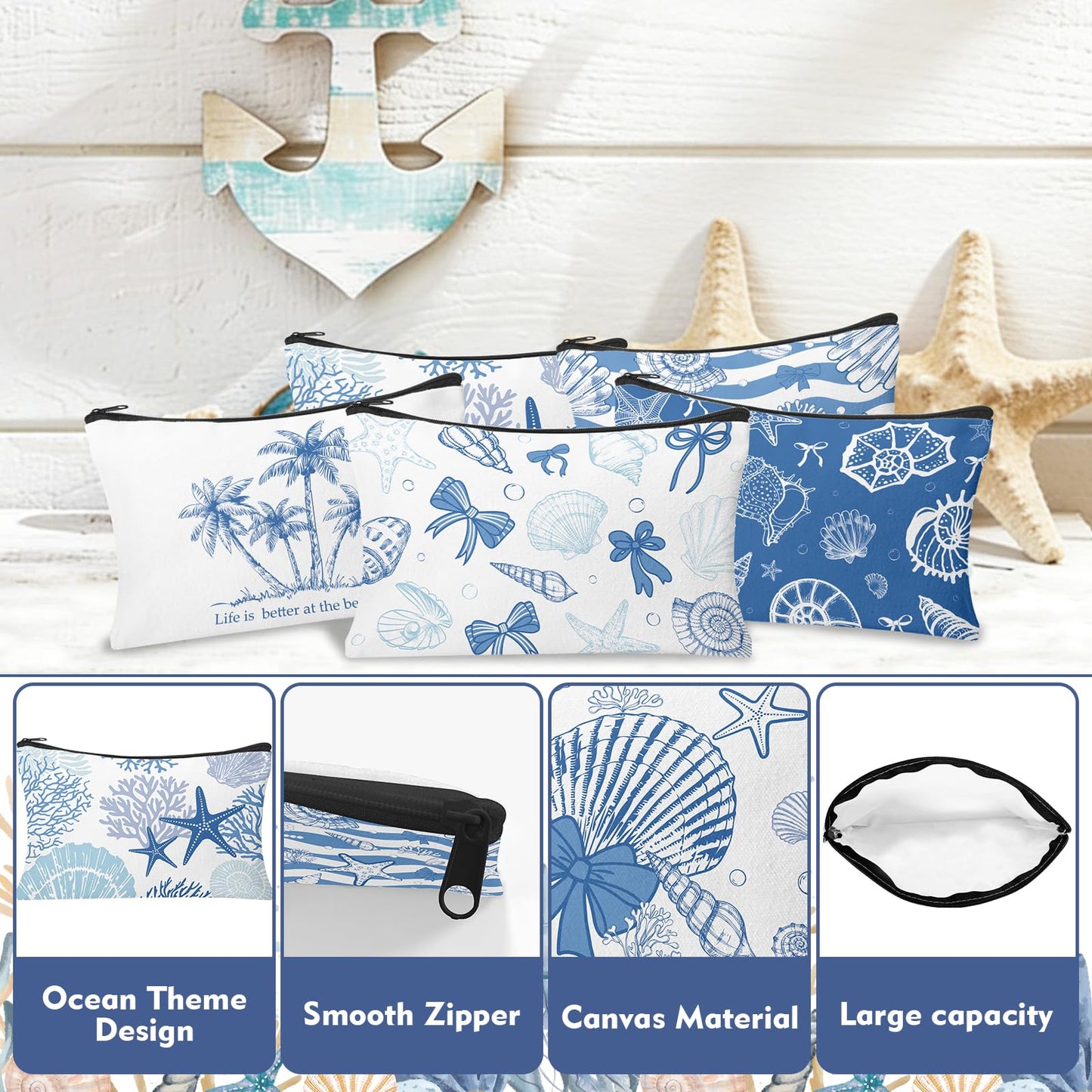 HSDSH 30 Pcs Coastal Makeup Bags Blue Bow Seashell Makeup Bag Ocean Themed Cosmetic Bags Bulk Portable Travel Toiletry Pouches Beach Gifs for Women Nautical Party Favors Beach Accessories