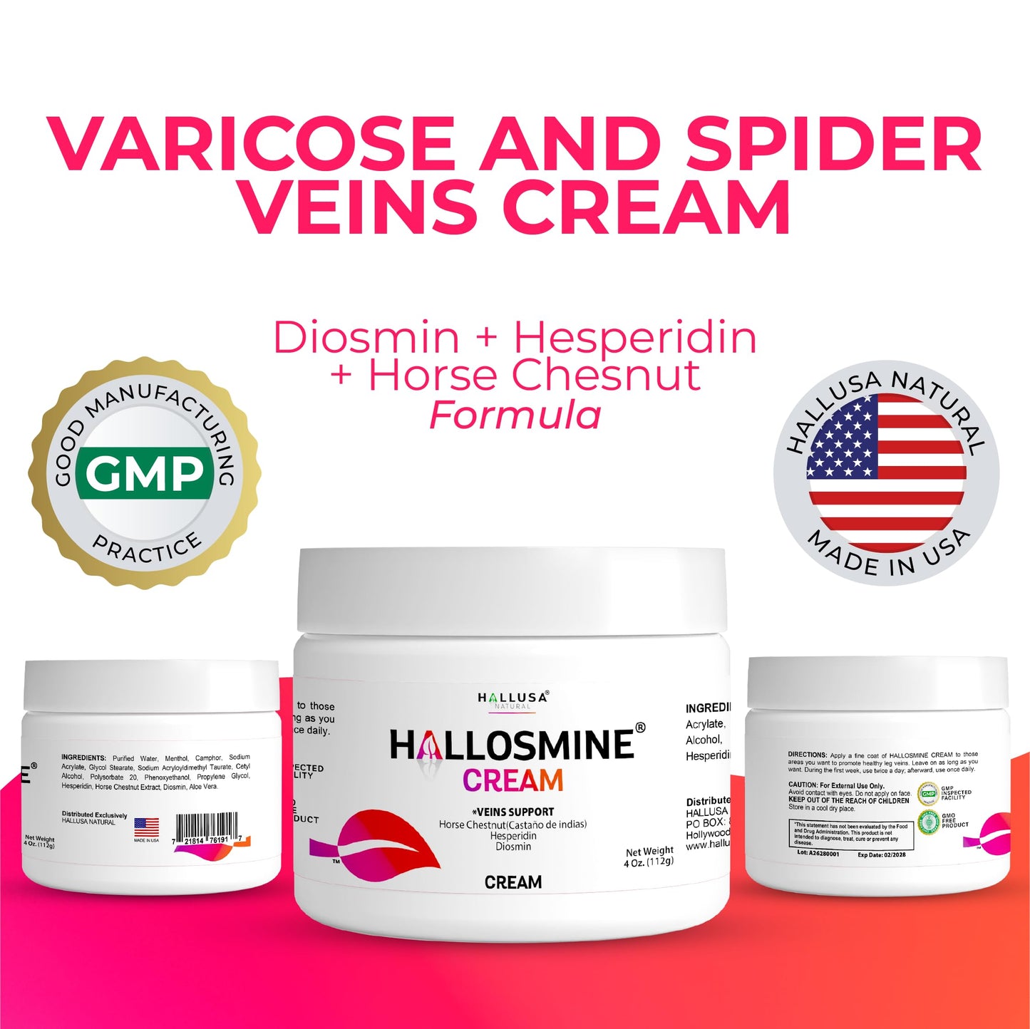 Hallusa Natural Hallosmine Leg Cream with Diosmin, Hesperidin, Horse Chestnut, Menthol & Aloe Vera | Daily Leg Comfort for Visible Veins, Swelling and Heavy Legs, 4oz (112g)