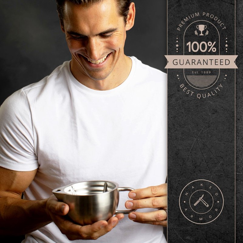 Naked Armor Silver Fox Shaving Scuttle Mug Kit With Shavette - Double Walled Stainless Steel Shaving Bowl with Shavette Straight Razor, Shaving Brush, and Organic Shave Soap - Hot Lather Wet Shave Set