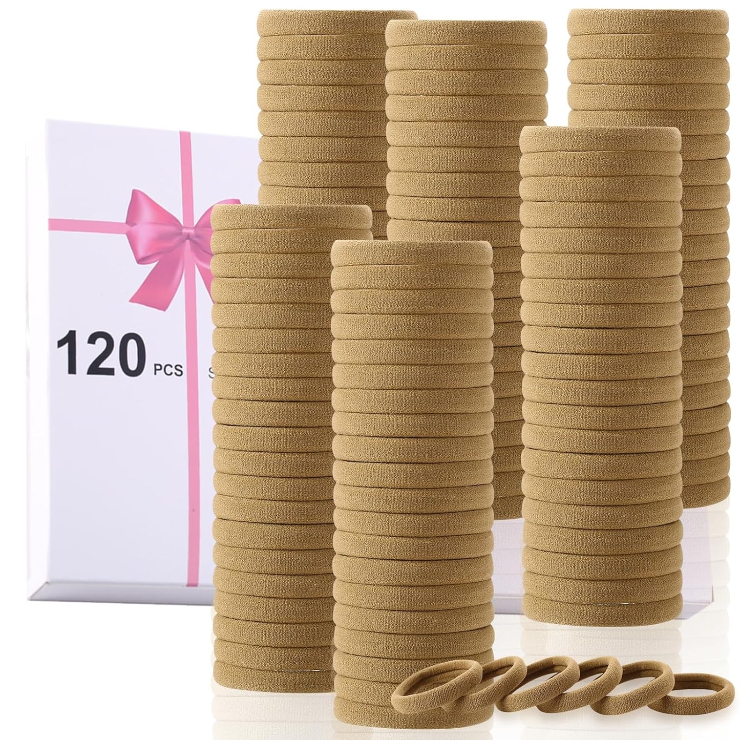LuSeren 120PCS Soft Hair Ties - Ouchless Nylon Ponytail Holders | Seamless Fabric, Natural Colors
