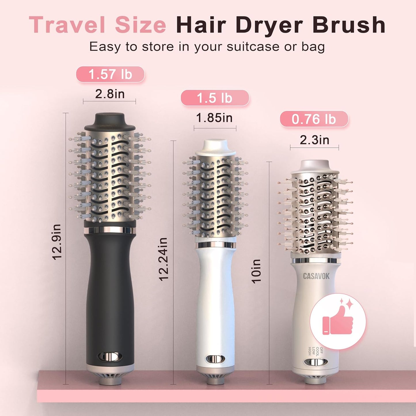 Dual Voltage Hair Dryer Brush - 4 in 1 Mini Hot Air Brush for Short Hair | Volumizer, Pink, 110-240V