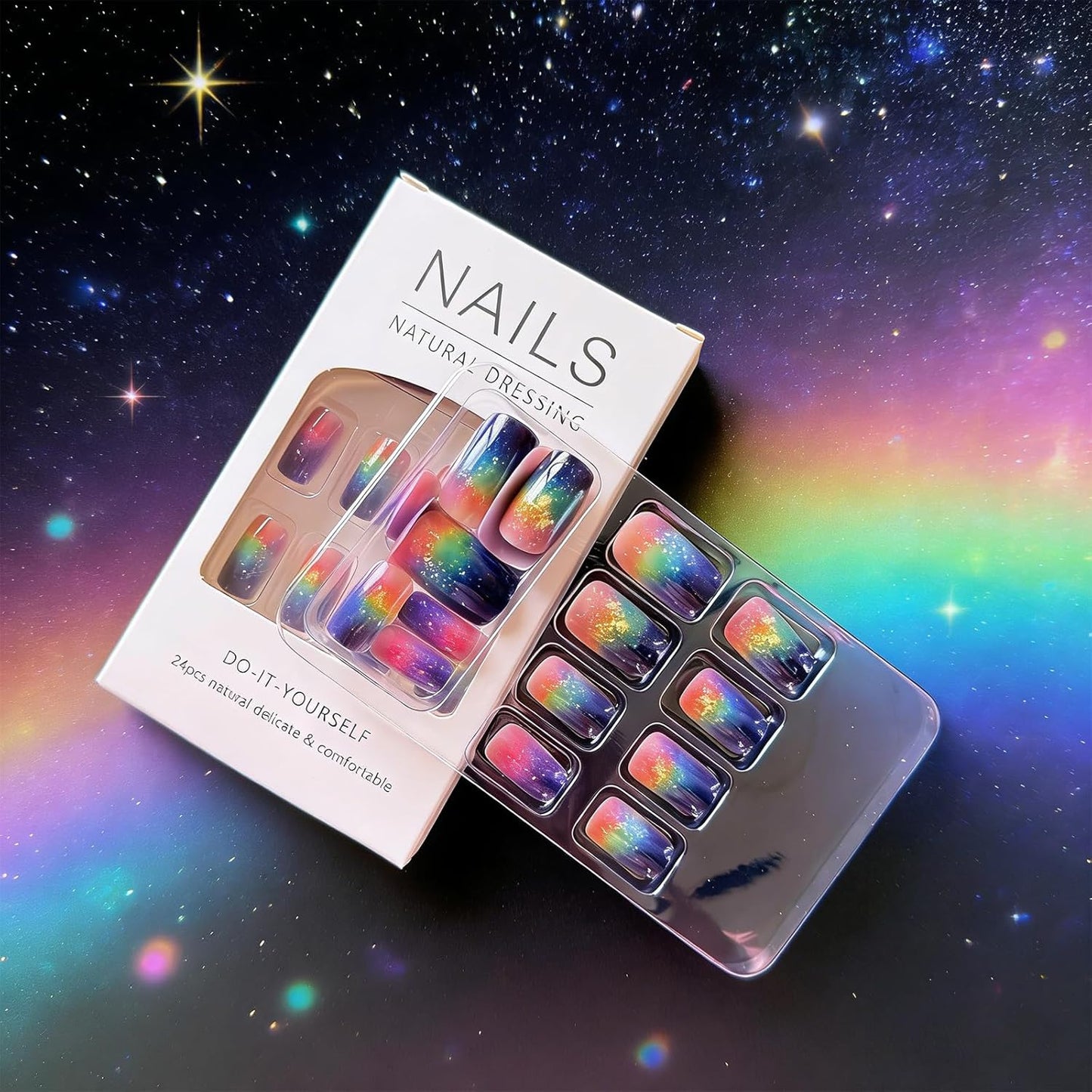 Press-On Nails - Aurora Starry Sky Multicolor Gradient | Glossy Full Cover Reusable 24 Pcs for Women
