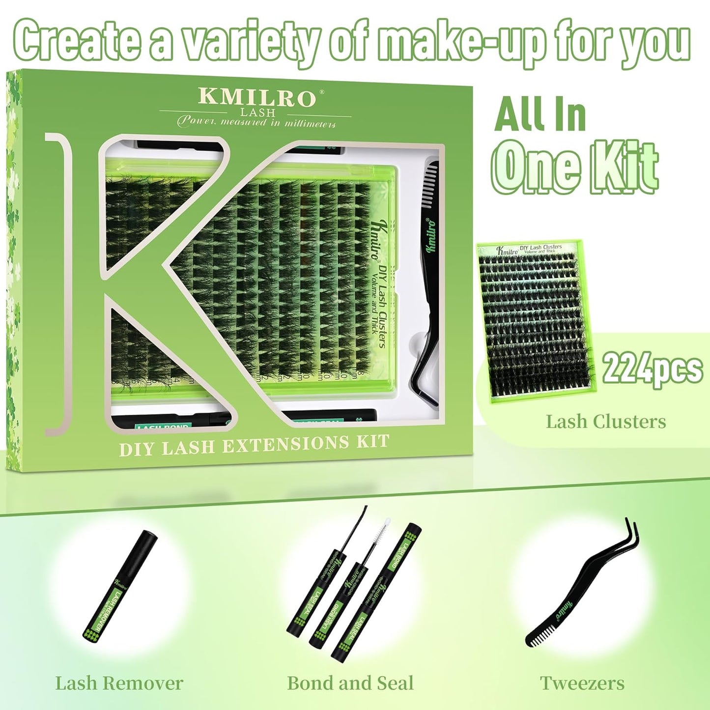 Kmilro Lash Clusters Kit - 224Pcs Volume Eyelash Extensions, 8-18mm Soft Wispy Individual Lashes | Ultra-Thin Black Band