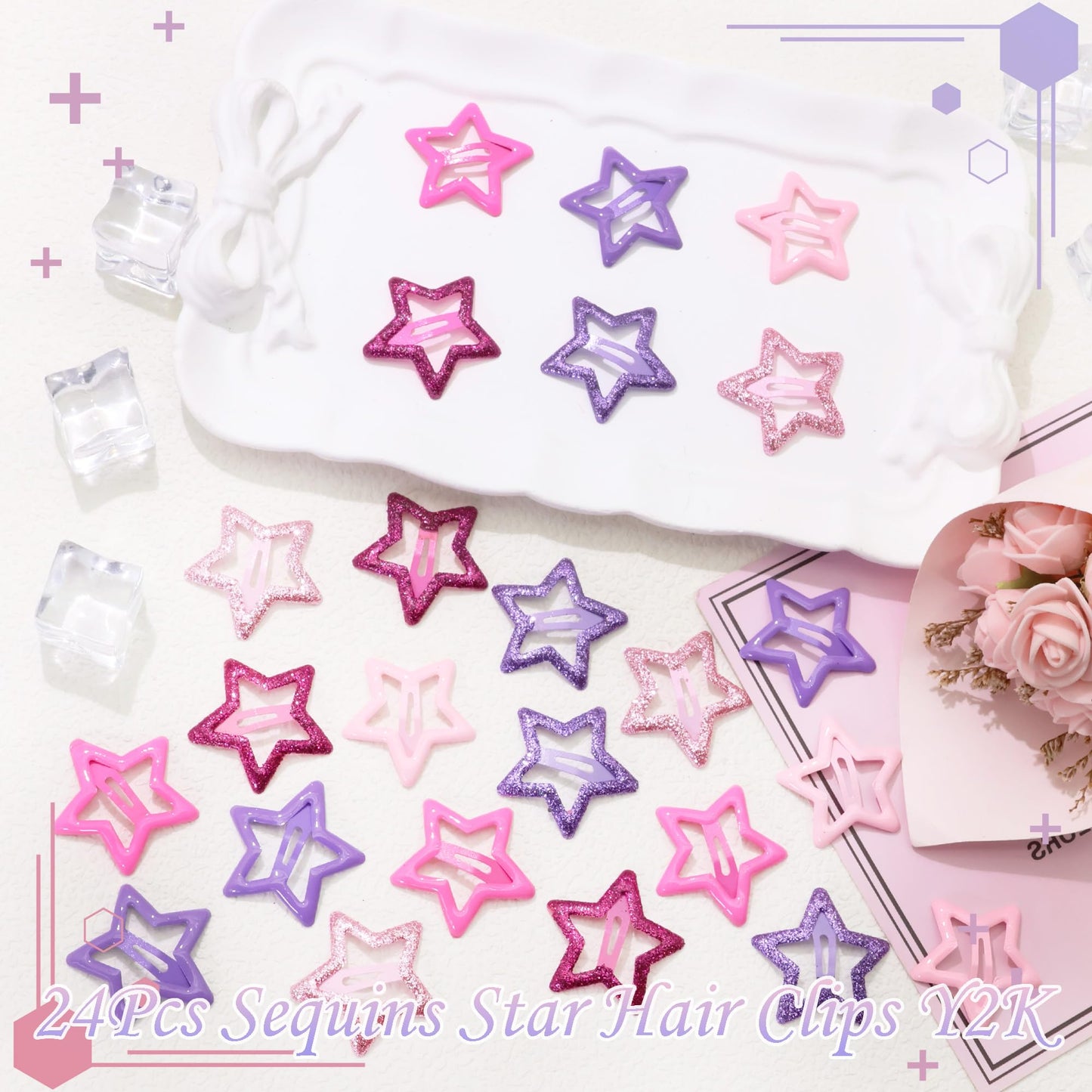NAISKA 24PCS Purple Pink Star Hair Clips Kawaii Glitter Hair Barrettes 6 Styles Sequins Non Snap Clips for Girls Metal Hair Pins Y2K Accessories for Women