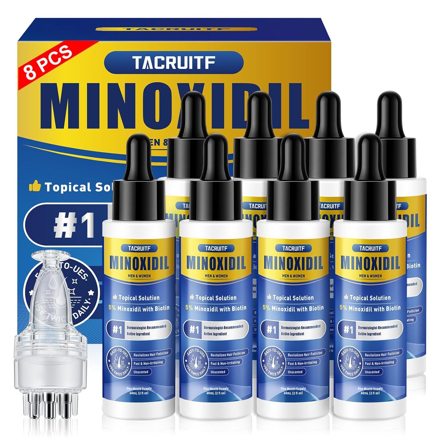 5% Minoxidil Hair Growth Treatment - Extra Strength Liquid Solution for Thicker, Fuller Hair | 8 Pack, Biotin & Castor Oil Enriched