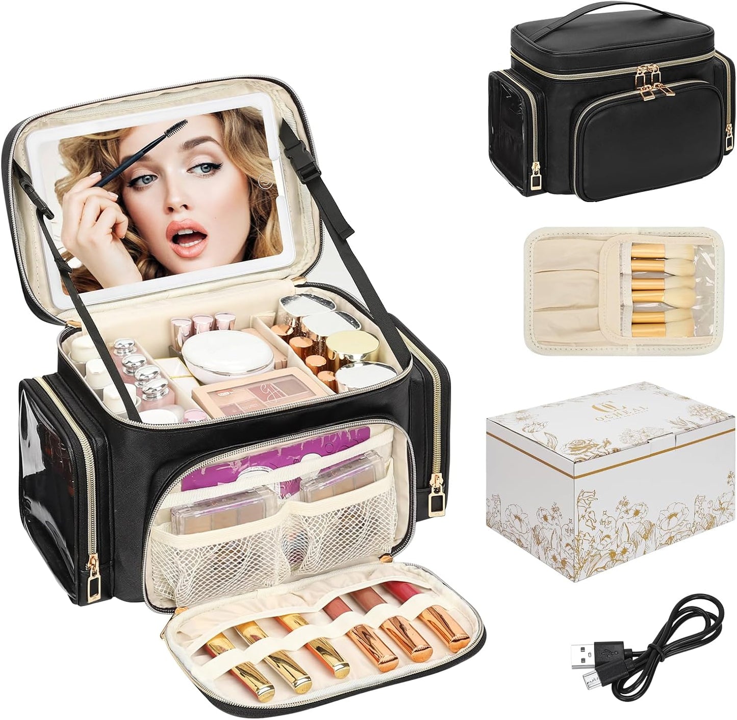Large Makeup Bag Organizer for Women - Portable Travel Cosmetic Bag with Brush Compartment & Side Pockets | Black