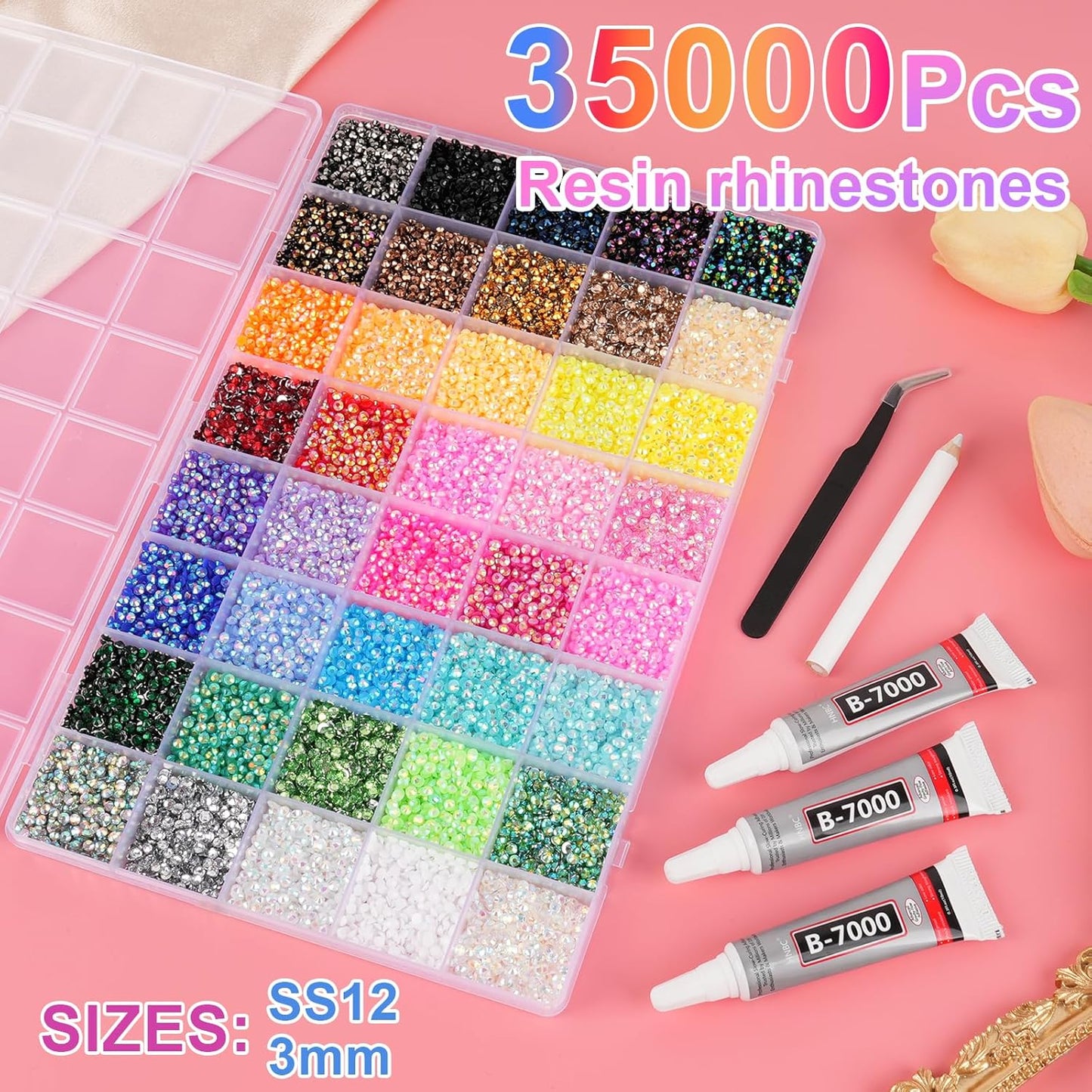 Canvalite Jelly Rhinestones - 40 Colors 3mm Flatback Gems for Diamond Art | Bedazzler Kit with 3Pcs Jewelry Glue