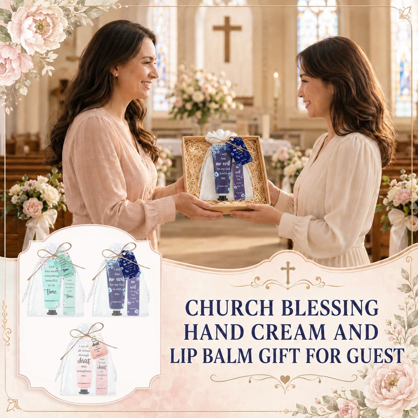 96Pcs 24 Sets Christian Hand Cream and Lip Balm Gift Set Moisturizing Gift Sets With Organza Bag Christian VBS Gifts Bible Verse Bulk Gifts for Teacher Wedding Baby Shower Church Prayers for Women