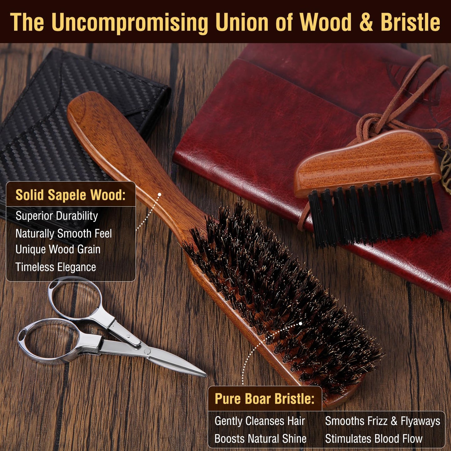 URTHEONE Premium Beard Brush Grooming Kit for Men - 100% Natural Boar Bristle Brush with Ergonomic Handle, Cleaning Brush & Folding Scissors - Complete Beard Care Set for Styling and Maintenance