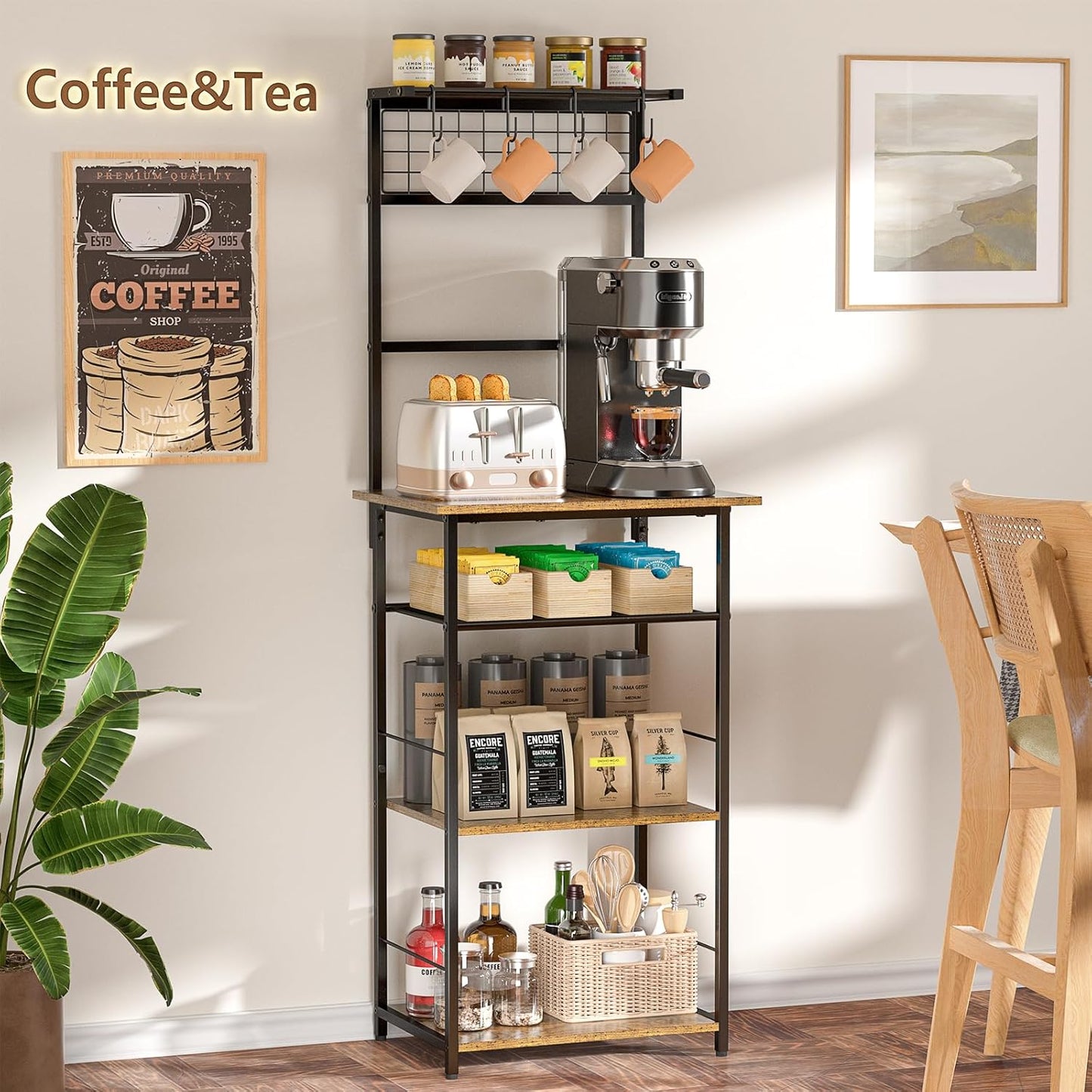 5 Tier Coffee Bar Station - Farmhouse Kitchen Stand with 4 Hooks | Space-Saving Cabinet for Small Areas, 13.43"D x 18.93"W x 53.31"H