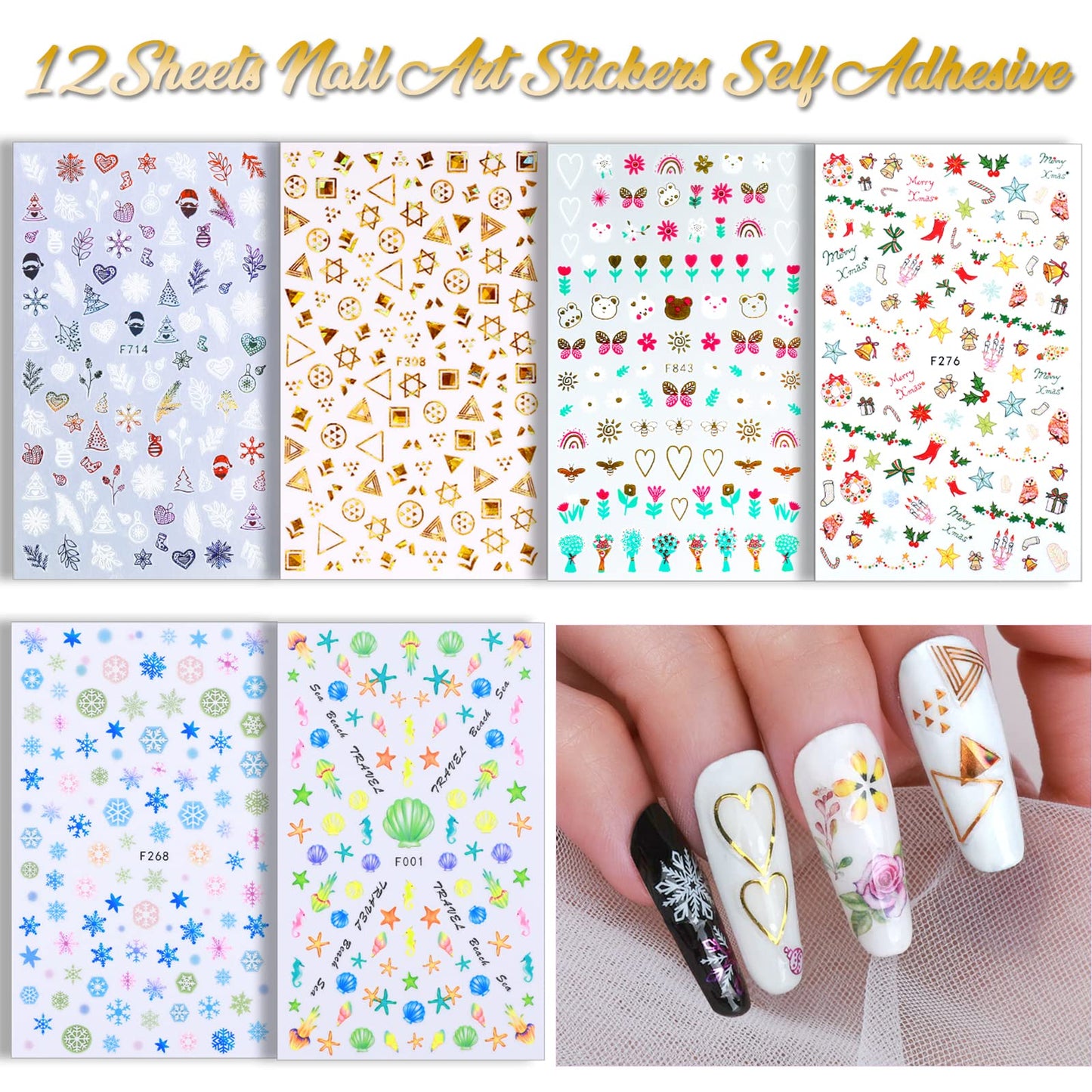 Nail Art Sticker, 12 Sheets Nail Art Stickers Flower Nail Stickers Decal 3D Self-Adhesive, Teenitor Nail Art Decoration with Nail Glitter Butterfly Sequins Nail Foils Nail Flower Slices