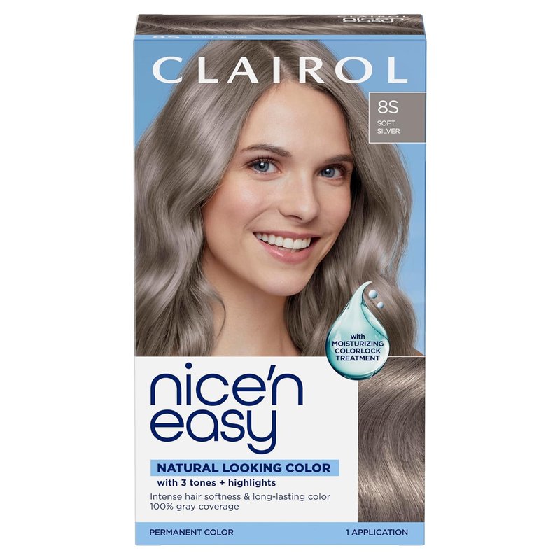 Clairol Nice'n Easy Permanent Hair Dye - 8S Soft Silver | 100% Gray Coverage & Natural Shine