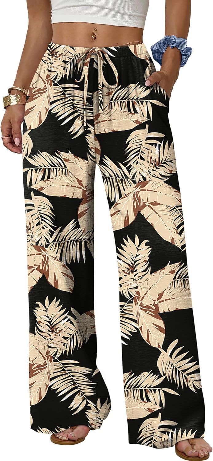 Wide Leg Pants for Women - Flowy Palazzo Trousers with Drawstring & Pockets | Summer Beach Vacation Wear