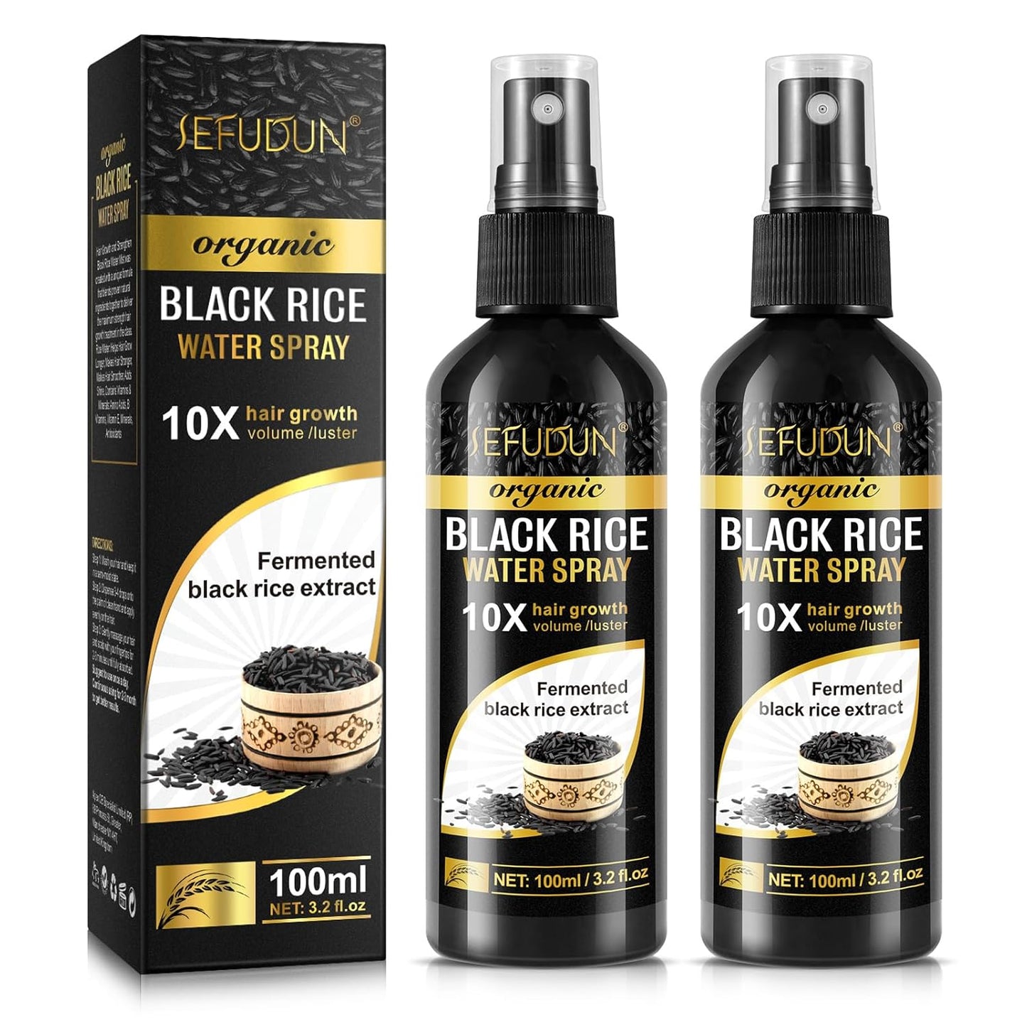 Organic Black Rice Water Spray - Hair Growth Solution with Castor Oil & Ginger Extract | 100ml/3.2 fl.oz