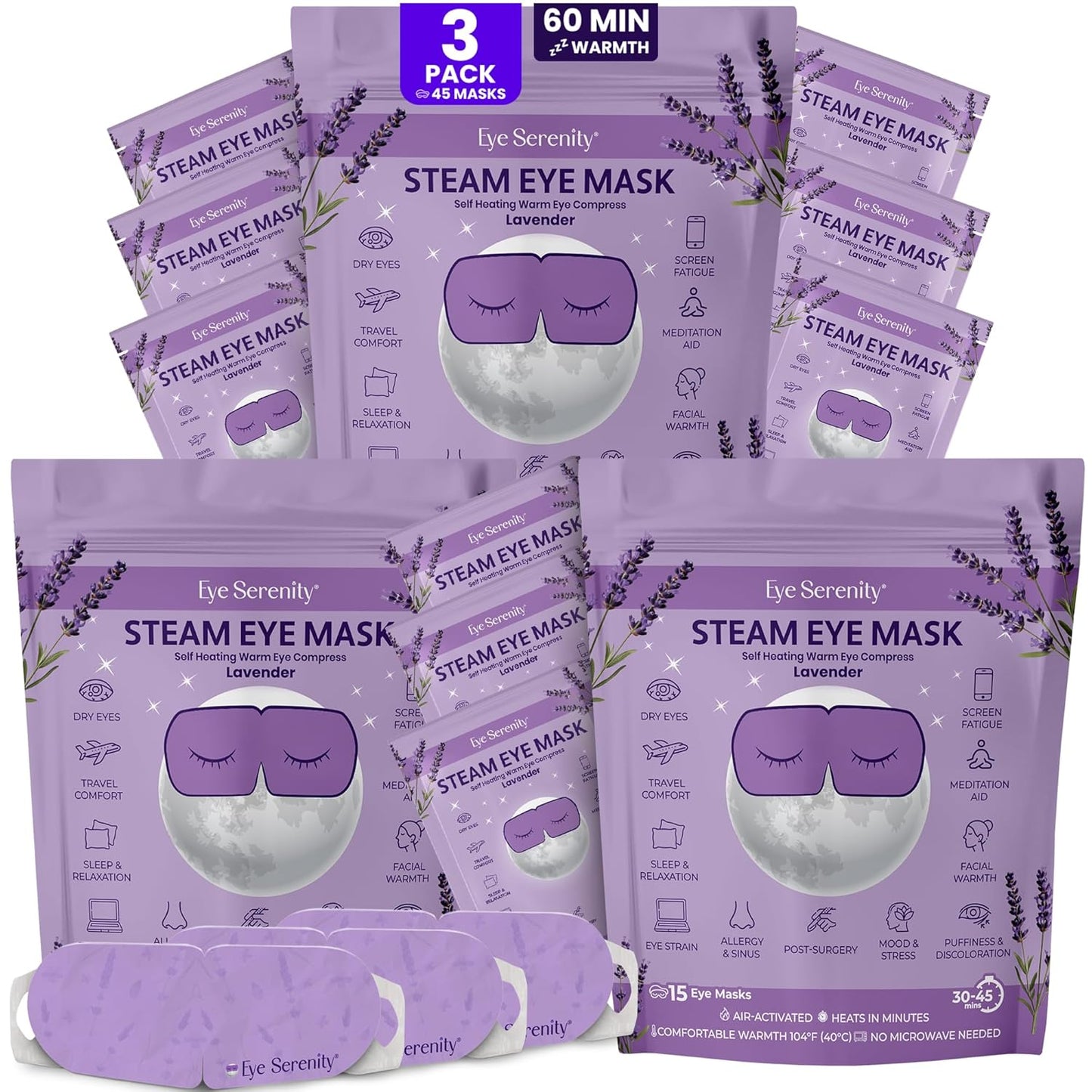 Heated Eye Mask - Eye Serenity Steam Mask for Dry Eyes | Moist Heat Relief for Styes & Puffiness - Lavender