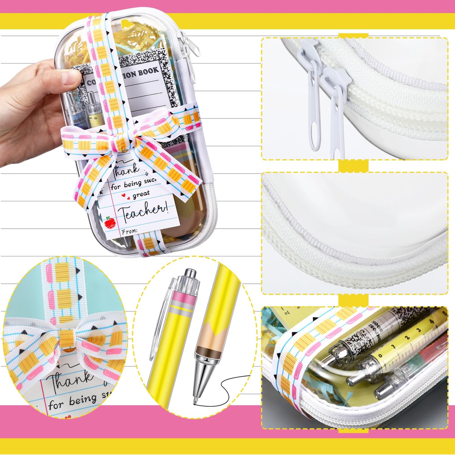 Landhoow 6 Sets/75 Pcs Back to School Teacher Gifts Bulk Set Clear Hard Case Zipper Pouch Pastel Ballpoint Pen & Sticky Notes Blue and Yellow Raffia Adorable Printed Pencil Ribbons with Thank You Card