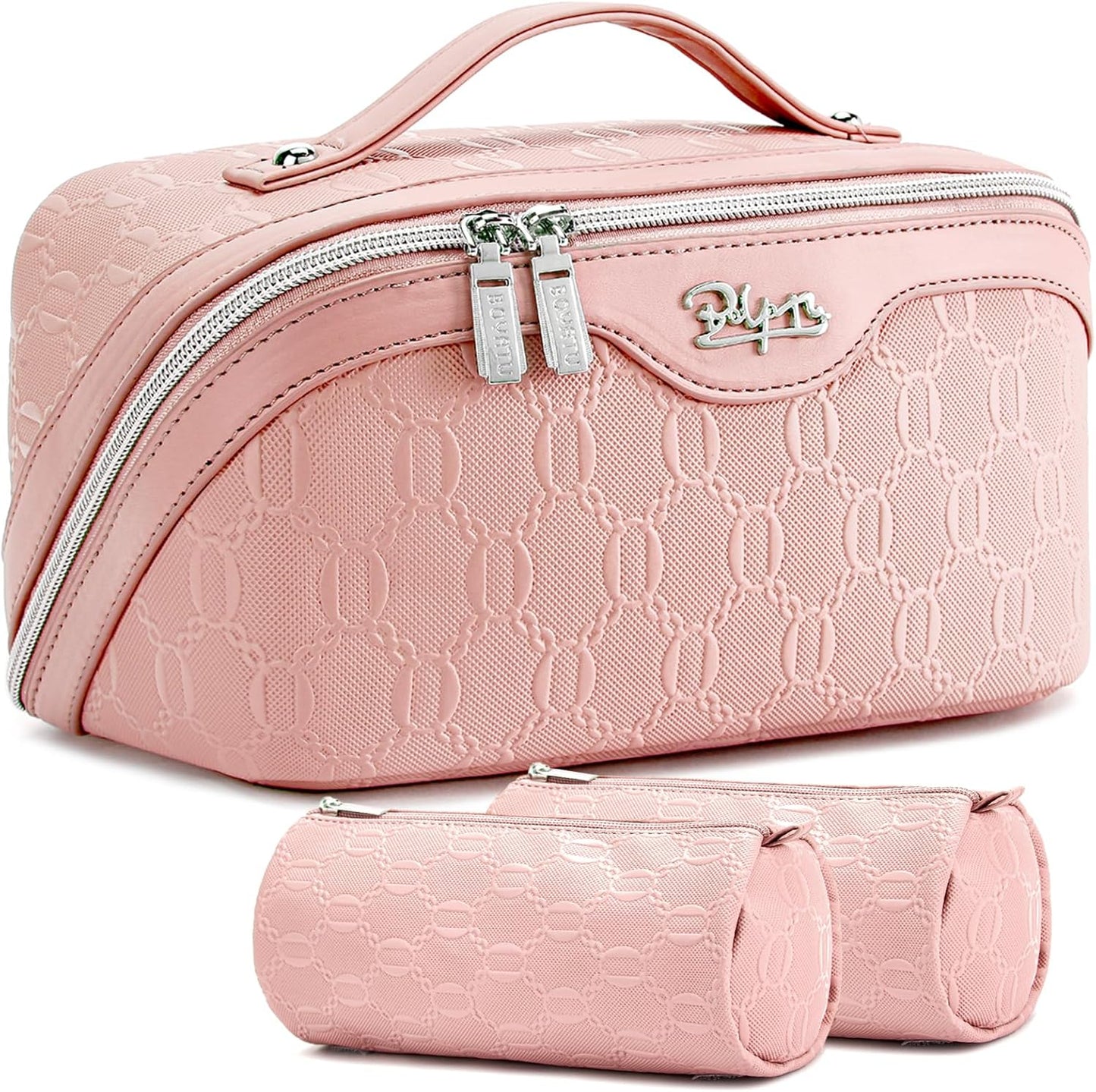 Travel Makeup Bag Set - Large Vegan Leather Cosmetic Organizer with Handle | 3 Pcs Portable Toiletry Bags in Coffee