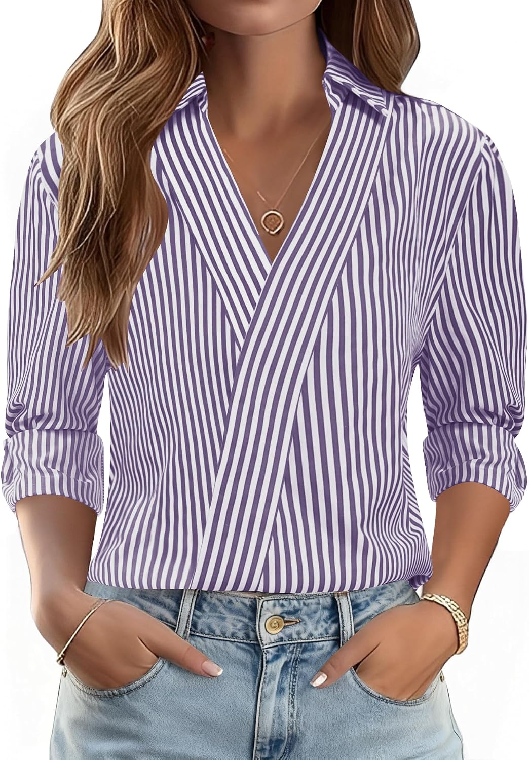 3/4 Length Sleeve Women's Dressy V-Neck Collared Tops - Trendy Business Casual Blouses for Work & Vacation