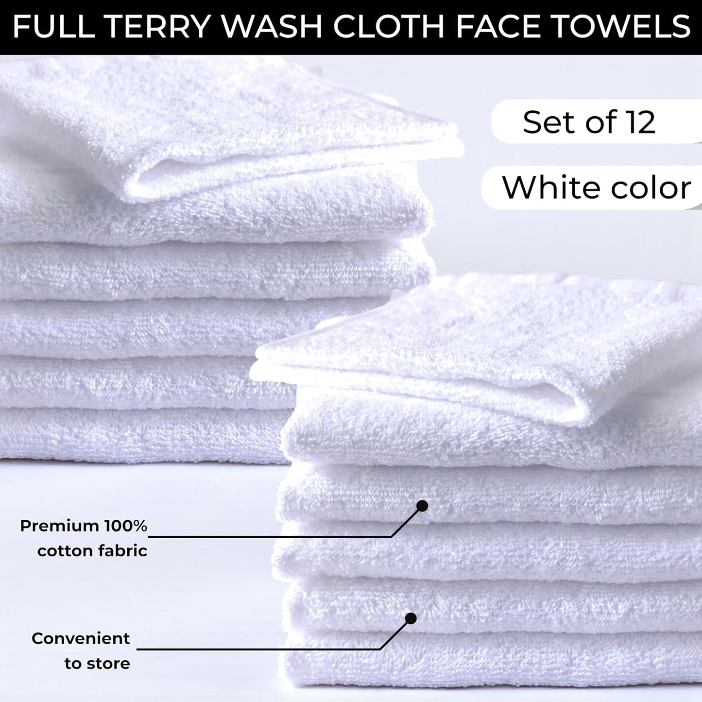 100% Cotton Wash Cloths - Soft Absorbent Terry Towel for Body & Face | 12 Pack, 12”x12”