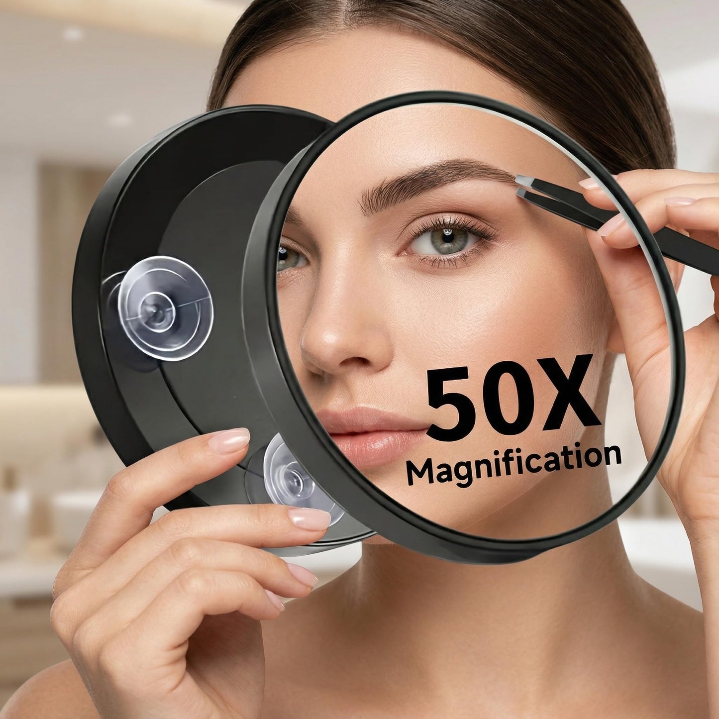 Magnifying Mirror, 50X High Magnification Round Handheld Suction Cup Black Tool, Portable Small Makeup Mirror with Tweezers for Precise Eyebrow Plucking Blackhead Removal and Facial Grooming