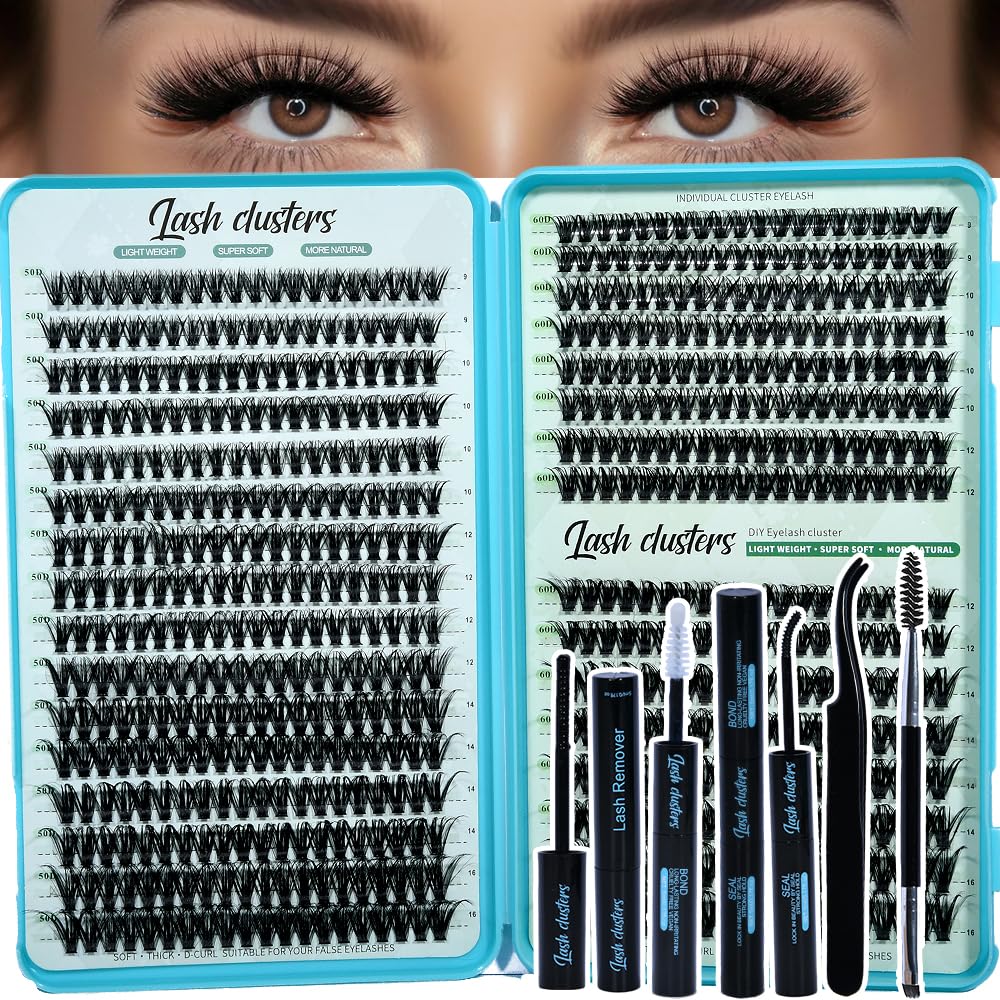 Lash Clusters Kit - 640pcs Wispy 30D/40D D Curl Individual Extensions | Natural 9-16mm with Bond, Seal & Tweezers