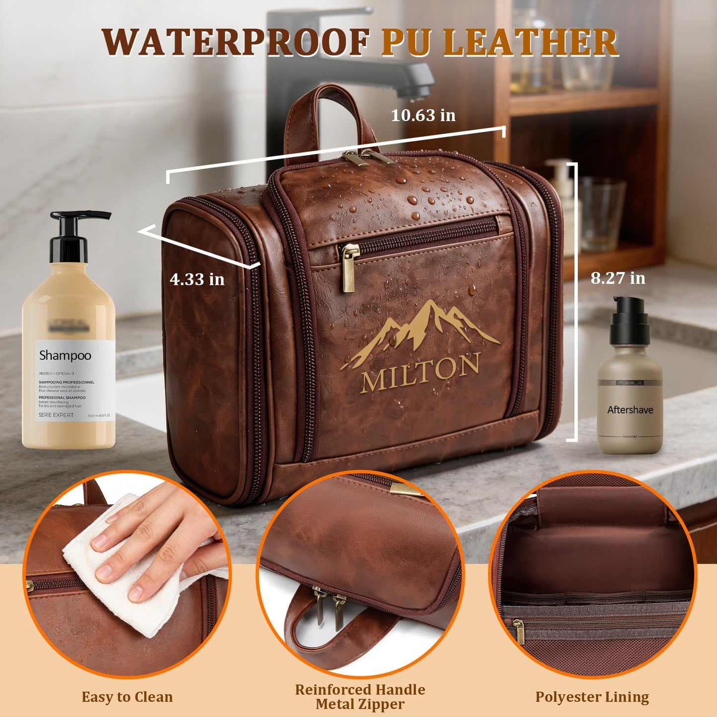 Aganmi Personalized Fathers Day Birthday Gifts for Step Dad Husband Grandpa Papa, Customized Mens Large Leather Hanging Toiletry Bag Travel Waterproof Bathroom Shower Shaving Dopp Kits, Cognac Brown