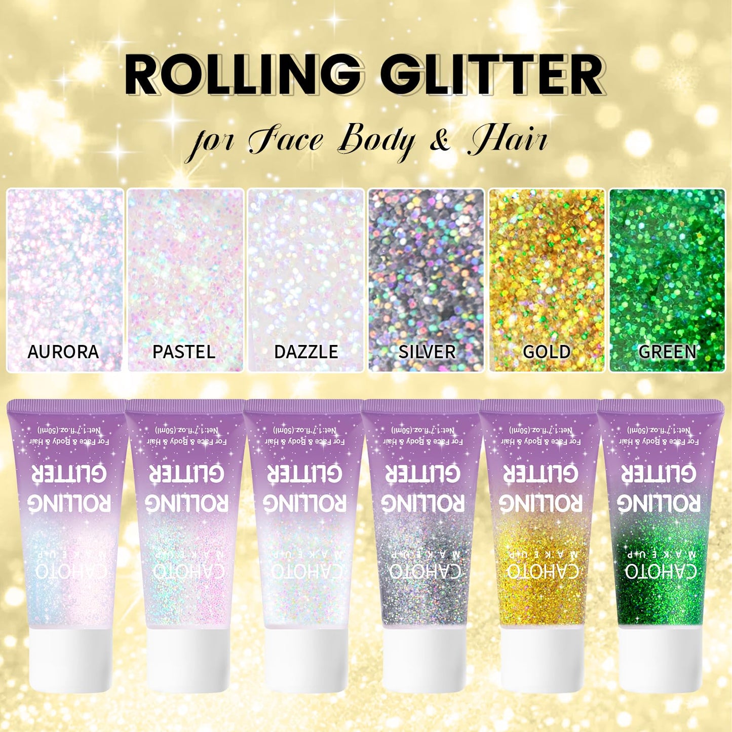 CAHOTO Gold Rolling Glitter, Shimmer Gel for Face Body & Hair, Sparkling Holographic Roll-on Sequins for Singer Concert Rave Festival Halloween Party Carnival, 1.7 fl.oz.