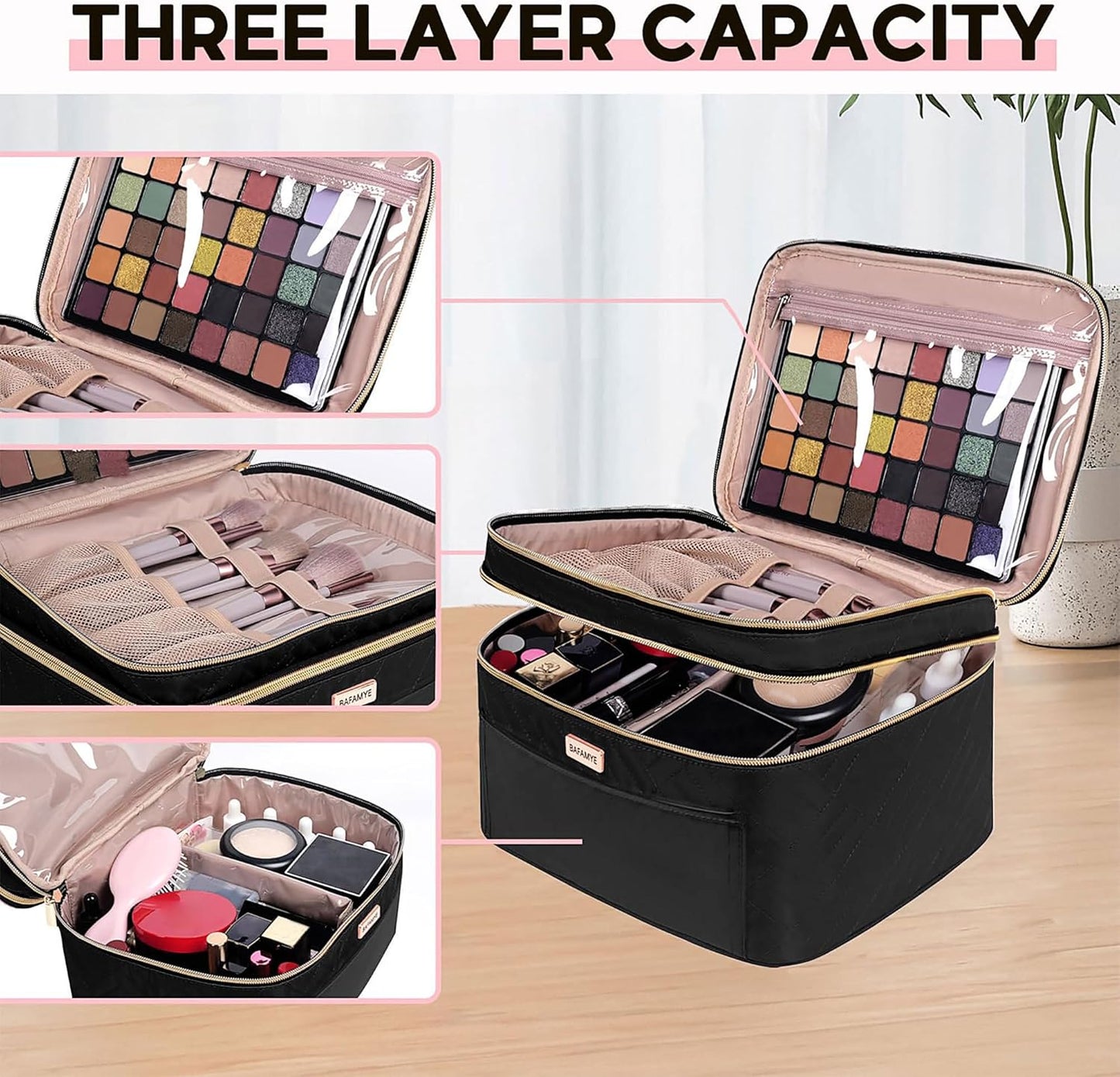 Double Layer Travel Makeup Bag - Large Cosmetic Organizer for Travel Accessories | Black, 8.8L Capacity