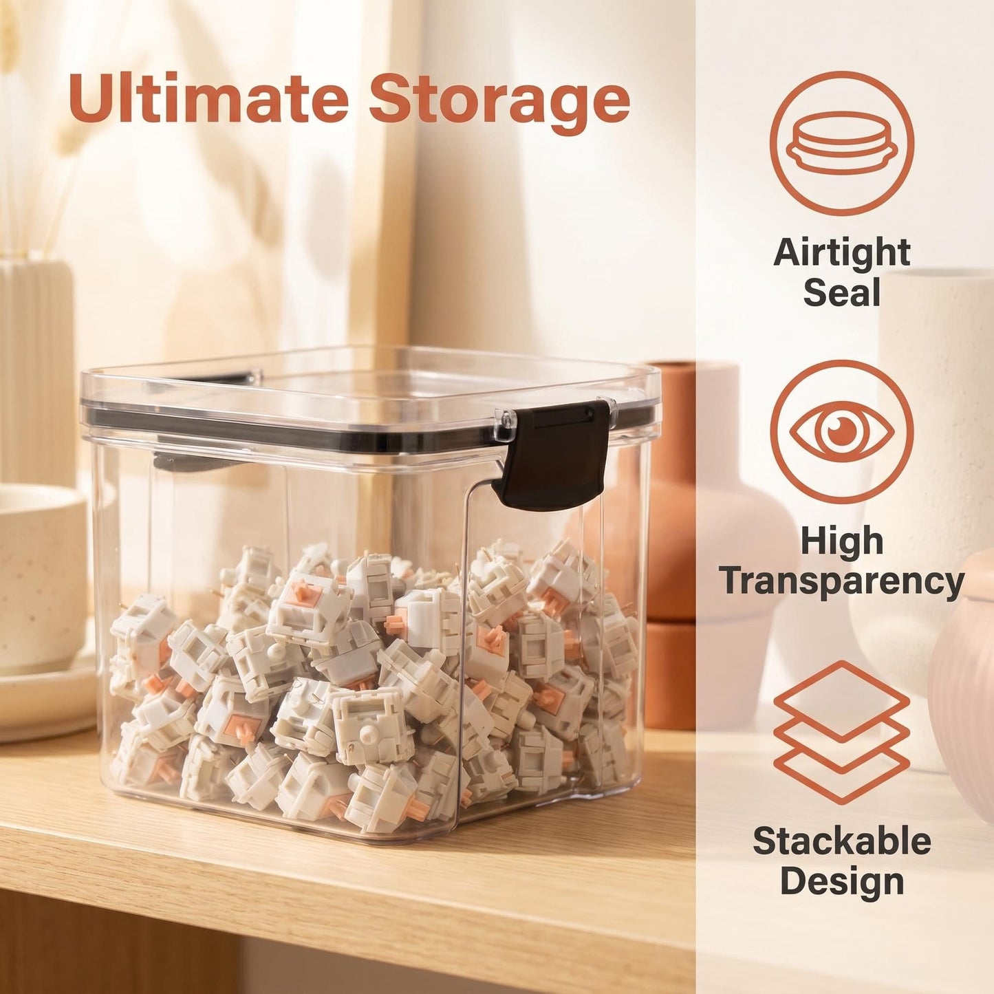 1 Pcs Clear Canisters with Airtight Lids, Square Dry Goods Storage Containers for Pantry, Mechanical Keyboard Switch Storage Box and Keycap Jar, Stackable Kitchen Food Storage Case, 700ml