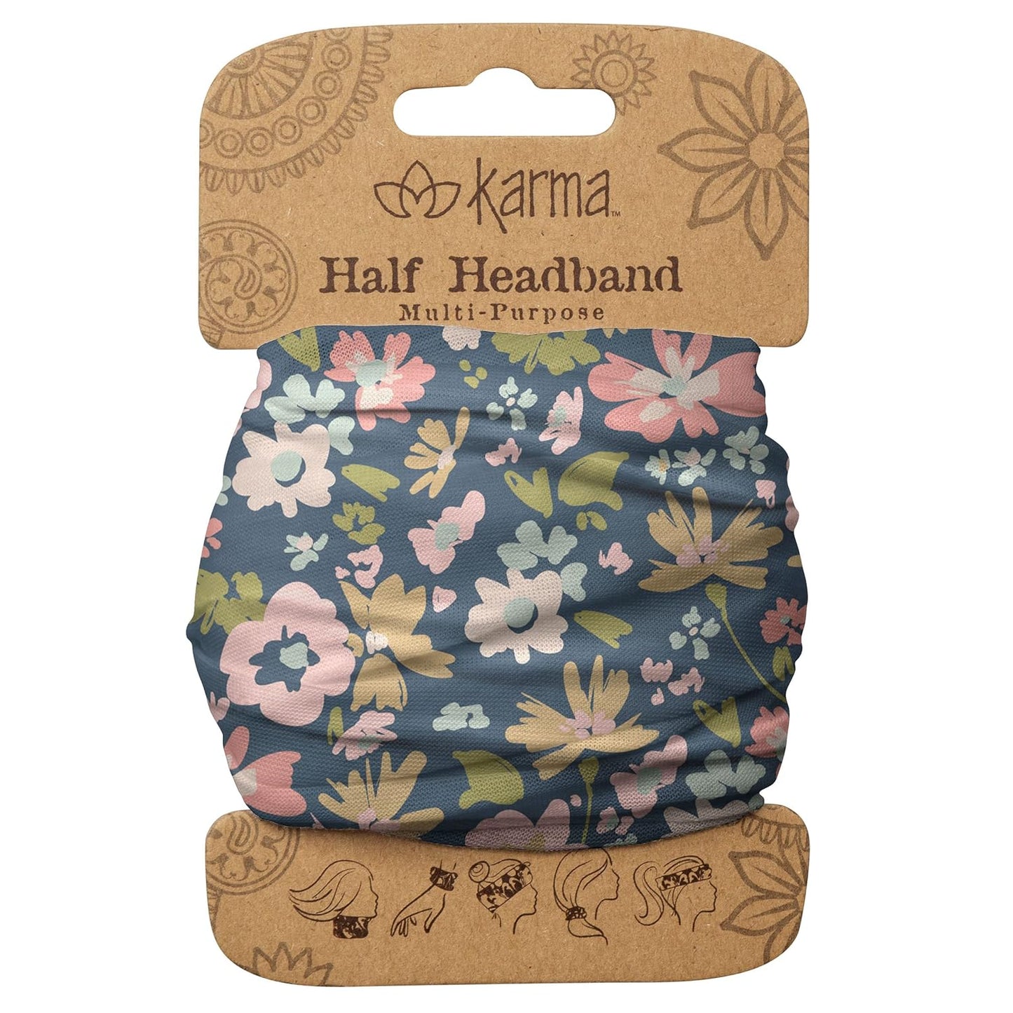 Floral Headband for Women | Stretchy Fabric Hair Scarf - Light Tan & Blue - Medium Size