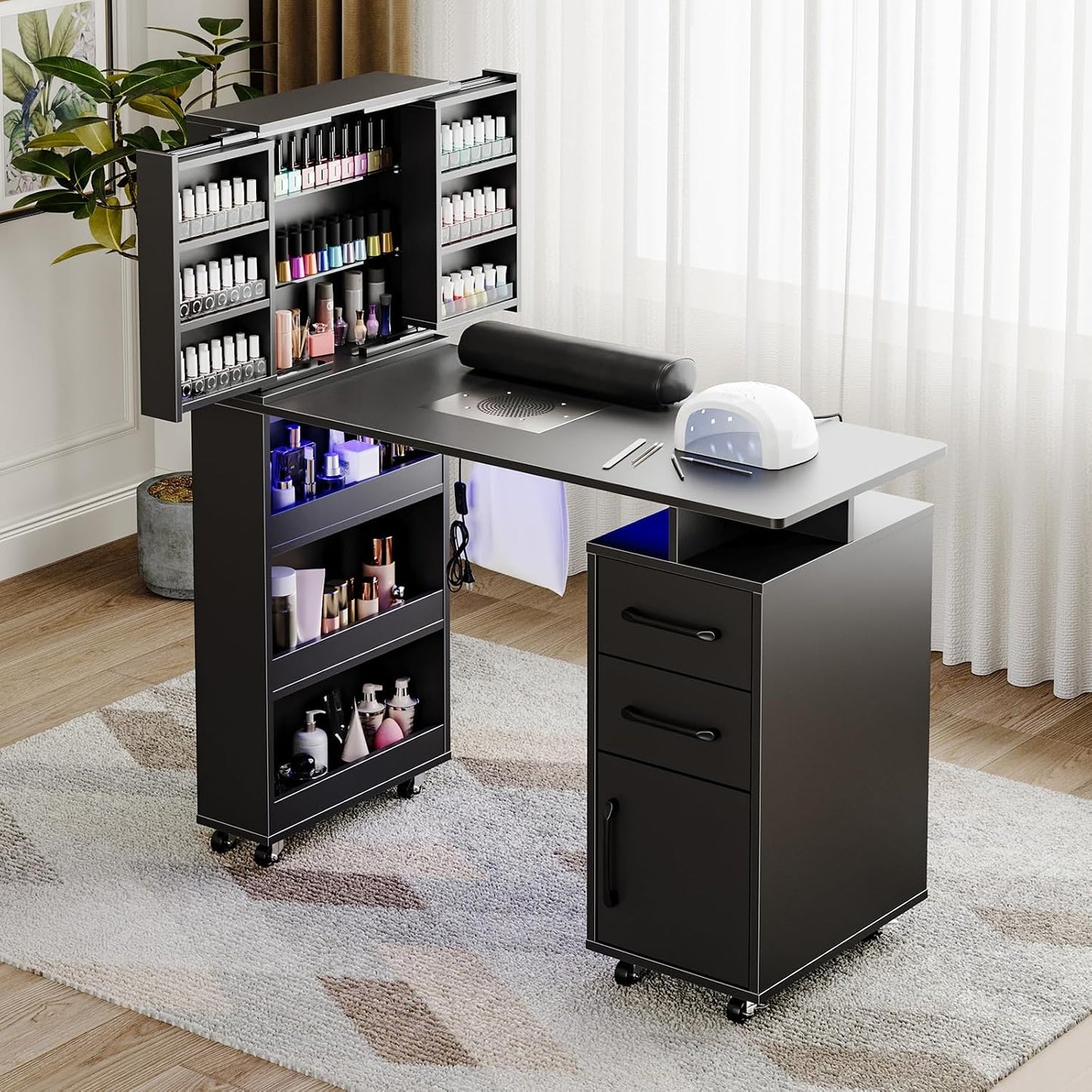 Manicure Table - Nail Desk with LED Light & Dust Collector | Extendable Polish Cabinet, White