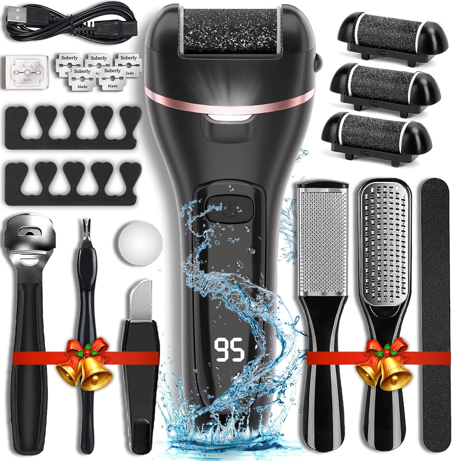 Electric Callus Remover - 3 Roller Heads, 2 Speed, Waterproof | Professional Pedicure Kit for Dry, Cracked Feet