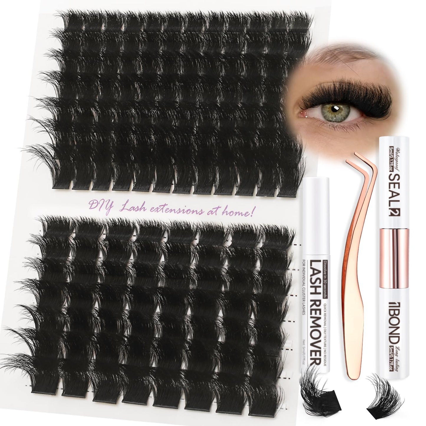 Burhhoi Fluffy Lash Cluster Kit 180D + 280D Mega Volume, 10–20mm Mixed Lengths, Thick Eyelash Extension Kit for Dramatic Glam Look, Soft Matte Black Lashes with Bond & Seal, Tweezers & Remover