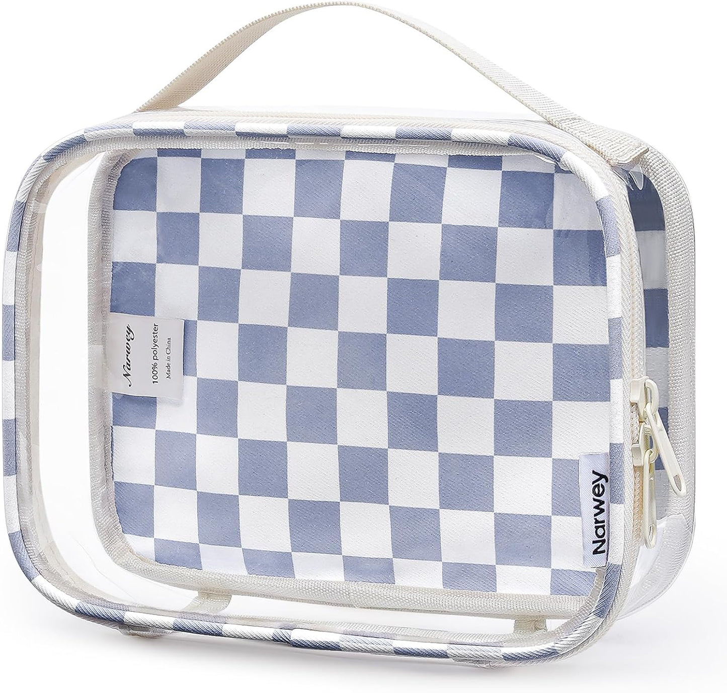 Clear Toiletry Bag - TSA Approved Waterproof PVC Makeup Organizer | Compact Quart Size (Greyish Blue Stripe)