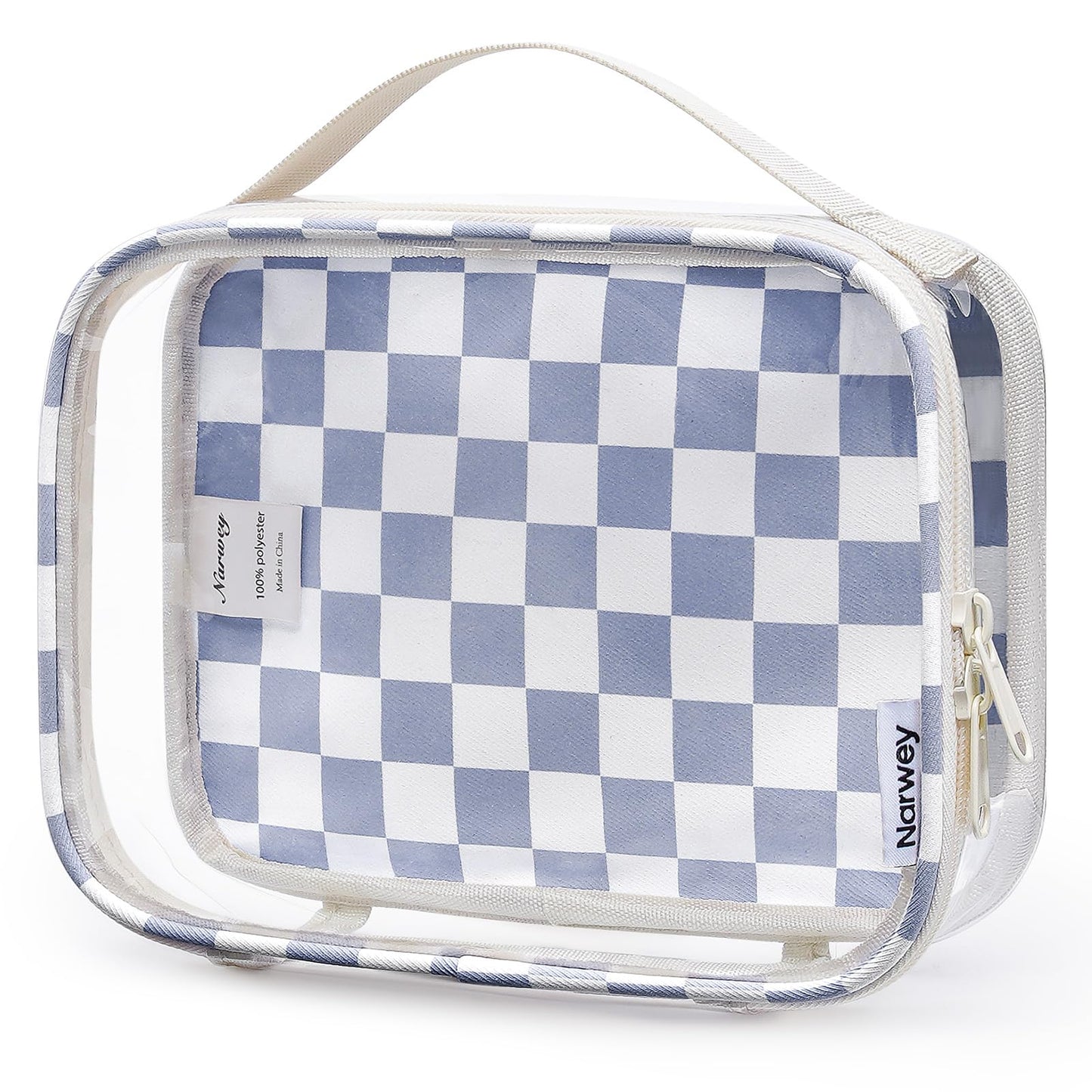 Narwey TSA Approved Clear Toiletry Bag for Travel, Waterproof PVC Clear Makeup Bags Portable Compact Cosmetic Bag Make Up Organizer Airport Airline Quart Size Compliant Bag (Grayish Blue Checkerboard)
