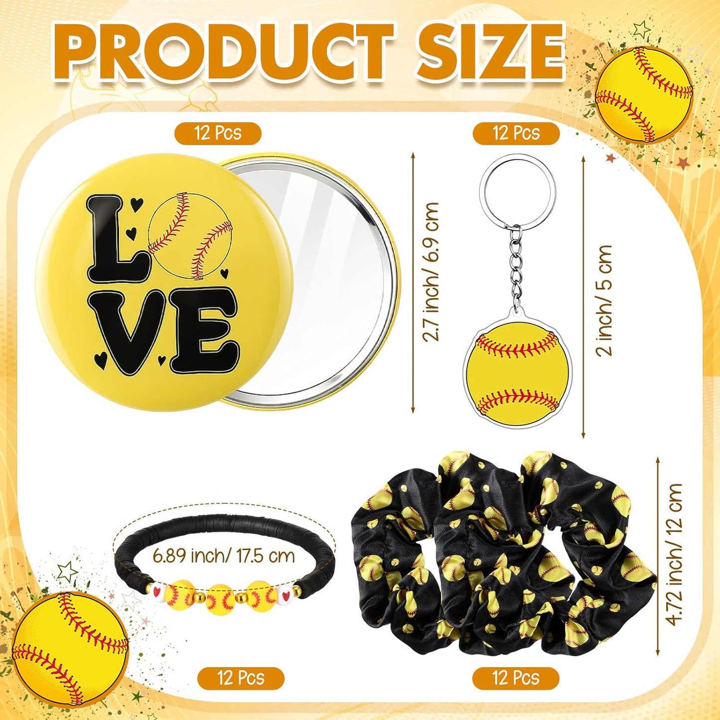Softball Team Gifts - 60 Pcs Sports Accessories Set | PVC Cosmetic Bag, Keychains, Makeup Mirror & More